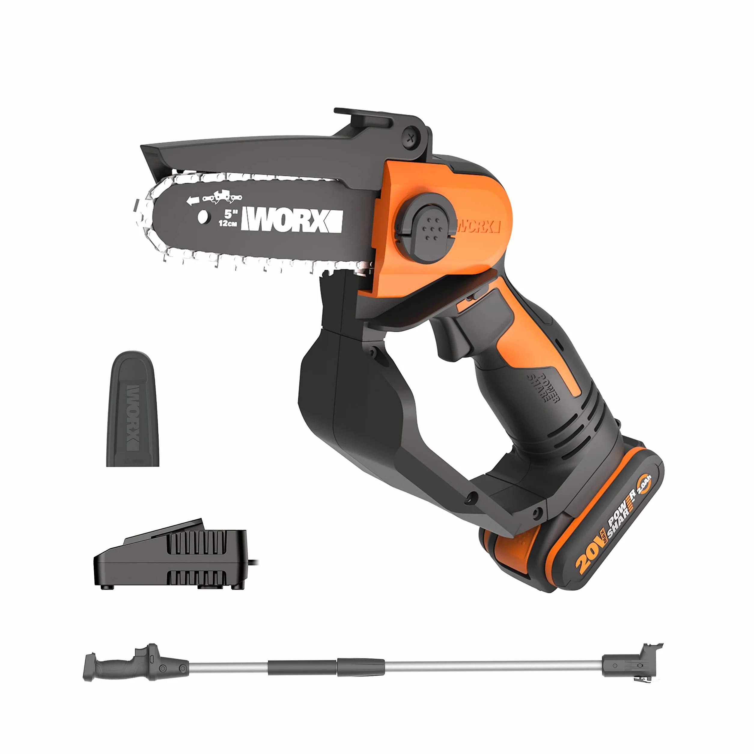 WORX Tronçonneuse Sans Fil WG324E.1 20V Max guide 5"/12cm avec Perche 125cm | Réglage Sans Outil Mini-tronçonneuse/Élagueuse,Perche Télescopique,PowerShare 2.0Ah Batterie et Chargeur Inclus pour Élagage