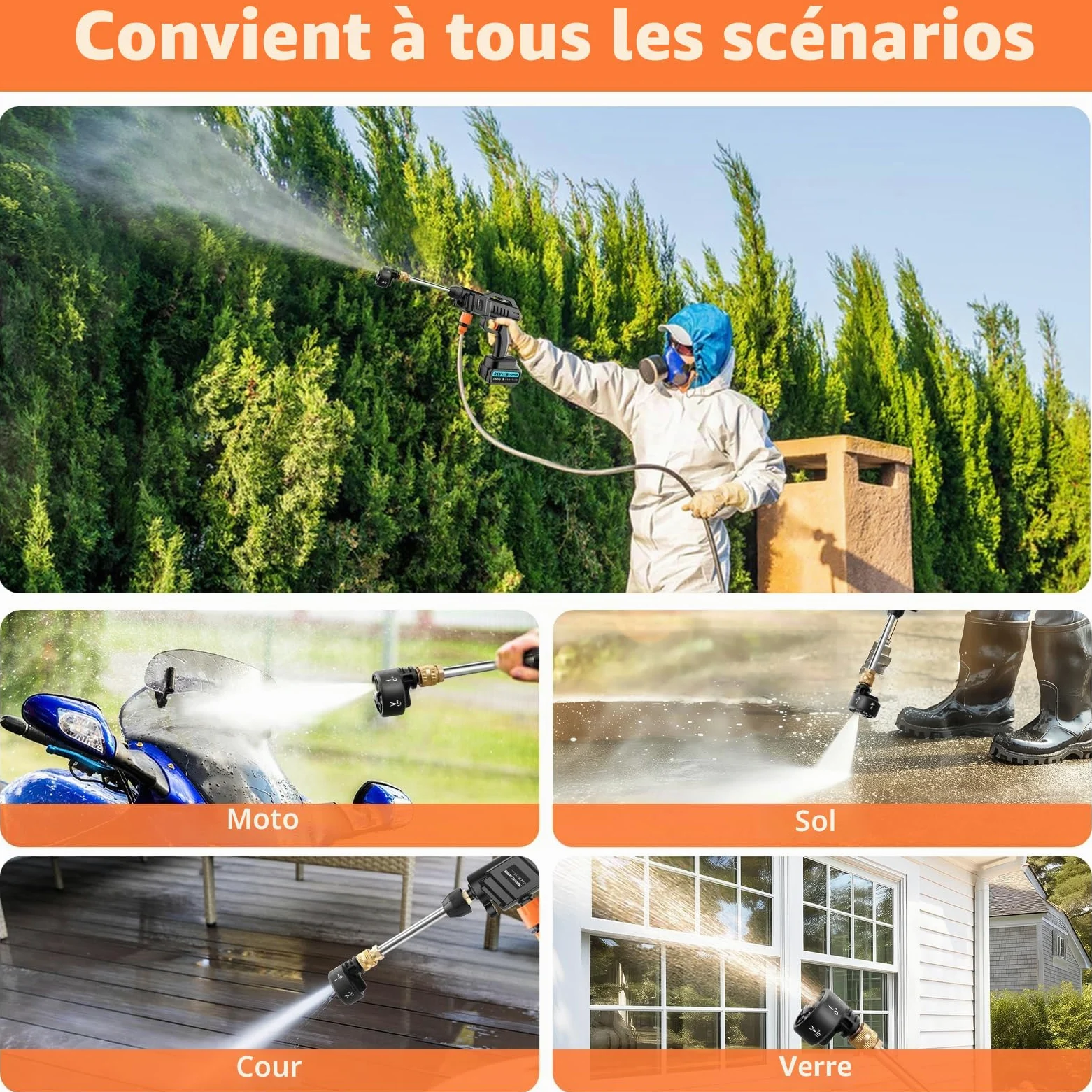 Nettoyeur haute pression sans fil Yelyee, 21 V, 100 bars, portable, avec 2 batteries lithium de 3 000 mAh, buse 6 en 1, tuyau de 5 m, débit de 270 l/h pour voiture, sols, terrasses et fenêtres.