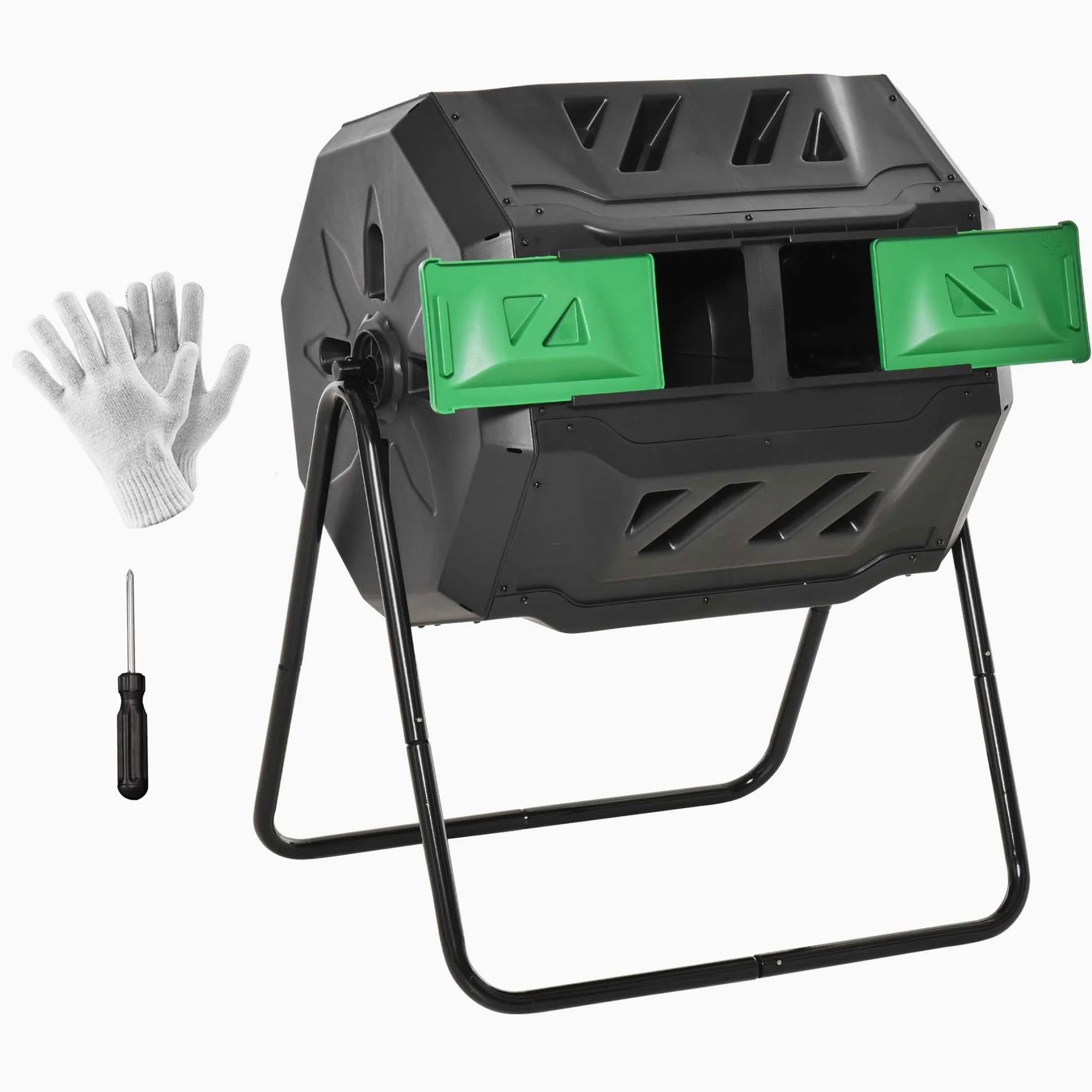 Outsunny Composteur Rotatif 160L à Double Chambre extérieur, Noir | Rotation 360°, Bac à compost de jardin, Portes coulissantes, Cadre en acier solide