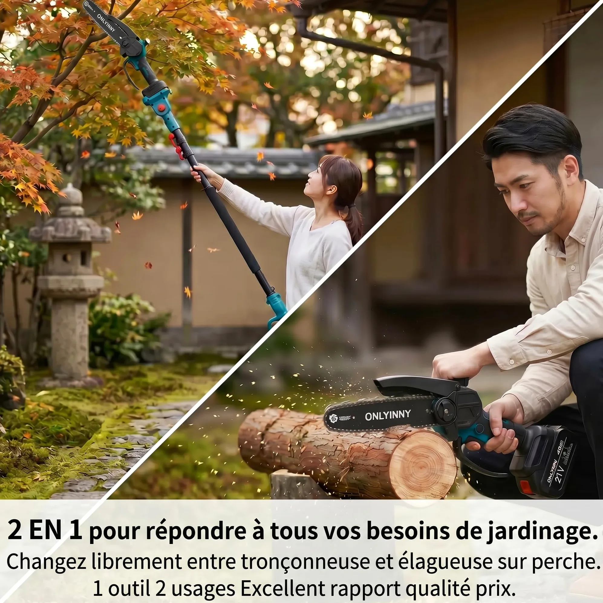 Tronçonneuse élagueuse 2-en-1 8 pouces moteur brushless 21V, perche télescopique, 2 batteries 4,0 Ah, verrouillage sécurité outil d'élagage arbres fruitiers jardin
