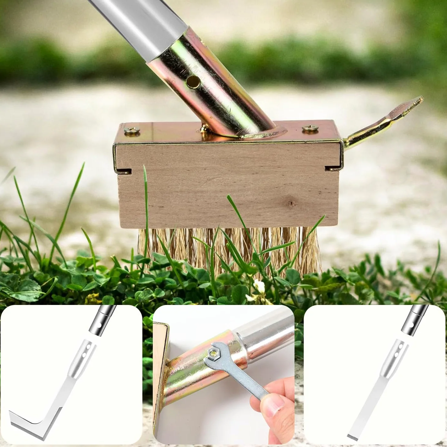 Outil de désherbage de terrasse de 152,4 cm avec long manche, grattoir et brosse métallique 3 en 1, outil de désherbage pour enlever les mauvaises herbes et la mousse, différents outils pour patio