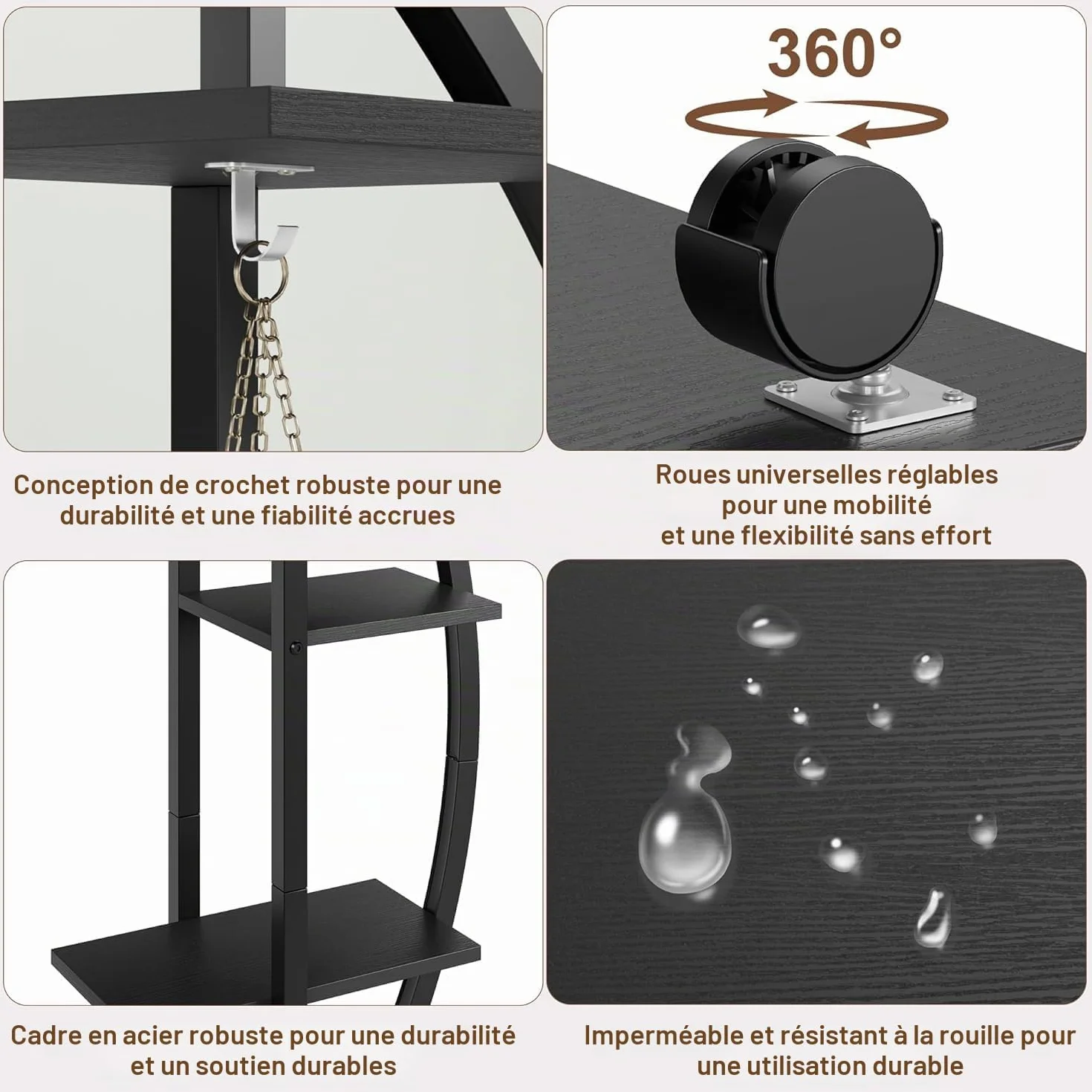 Supports pour Plantes d'intérieur 2 Pièces, 6 Niveaux 172 cm, Roulettes, Demi-Cœur, Métal-Bois, Noir