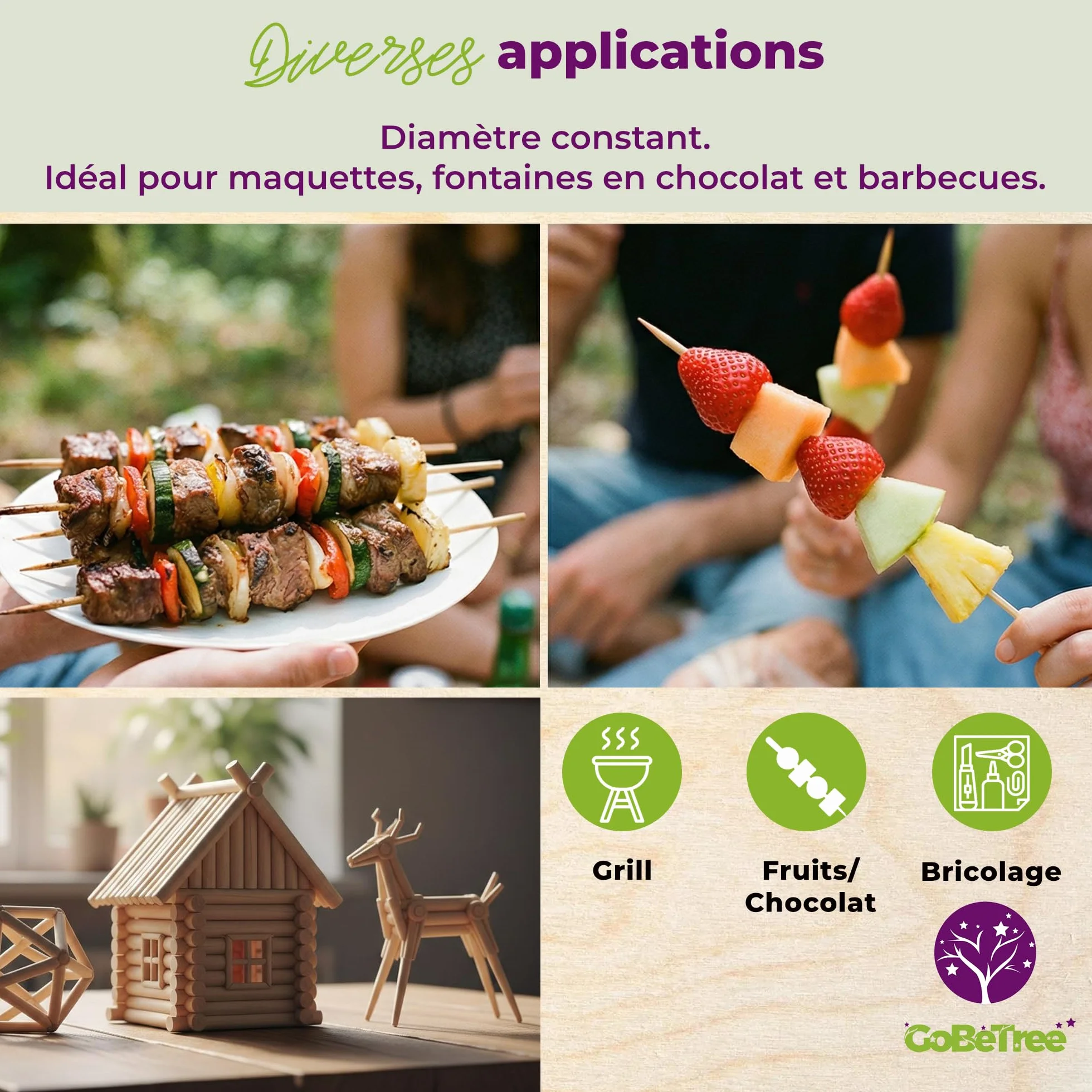 Piques à Brochette en Bois de Bouleau 15 cm x 2,5 mm Extra Résistants pour Barbecue