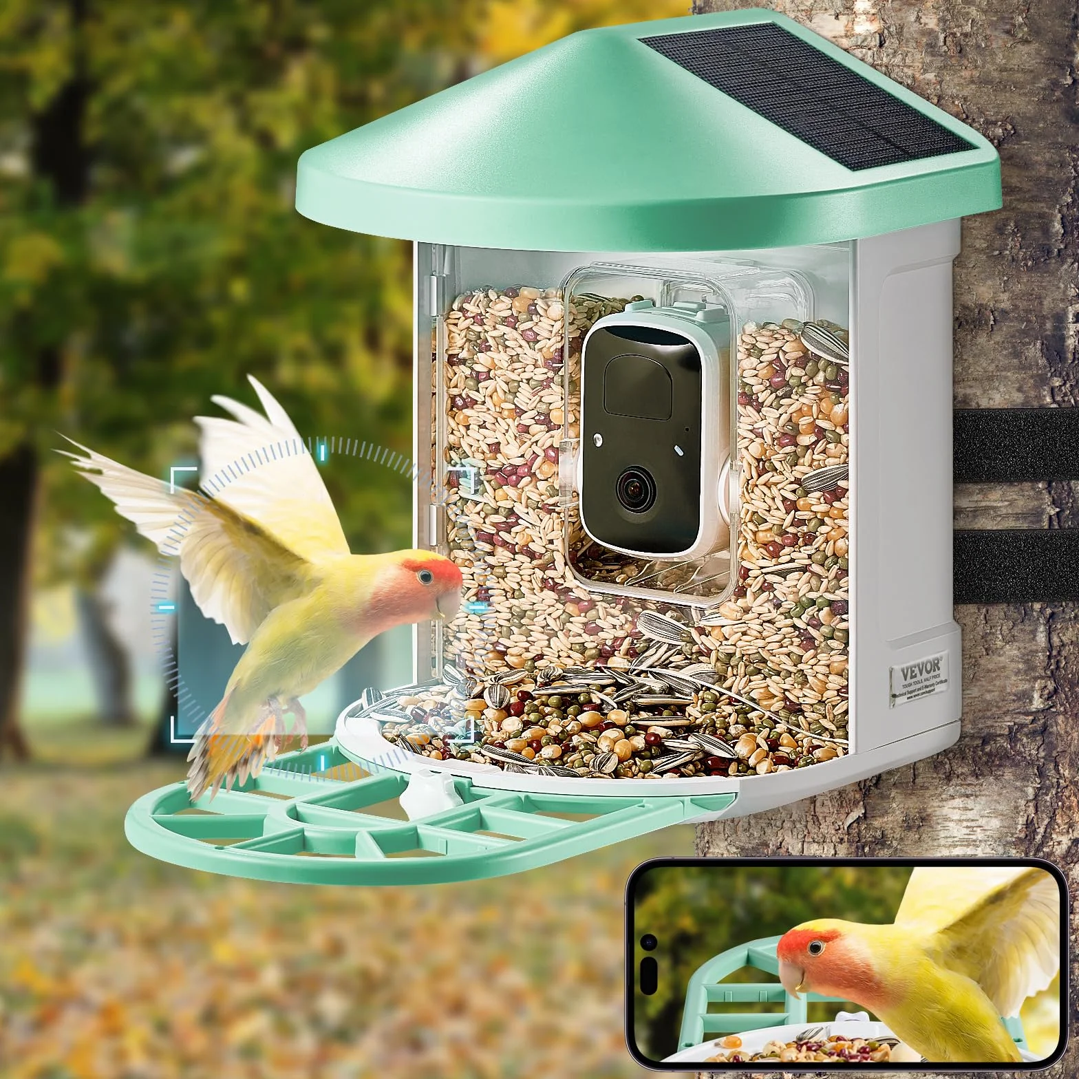 VEVOR Mangeoire Oiseaux Caméra Intelligente 2K HD AI Identifie 10000 Espèces 3 Panneaux Solaires Capture Auto Notification Extérieure Vert
