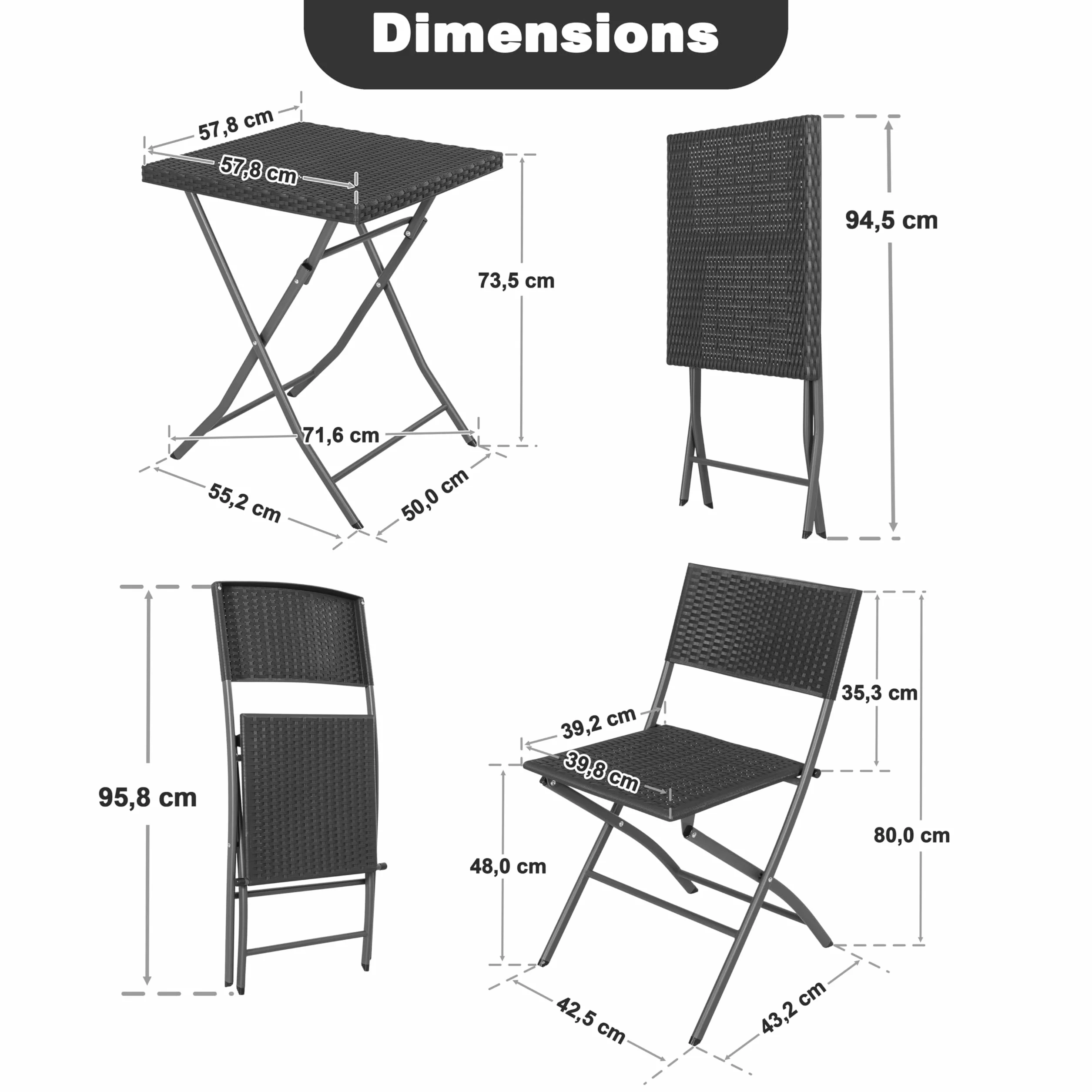 Avestar Ensemble de Bistrot Pliable 3 Pièces Table & 2 Chaises en Rotin PP, Résistant aux Intempéries, Noir