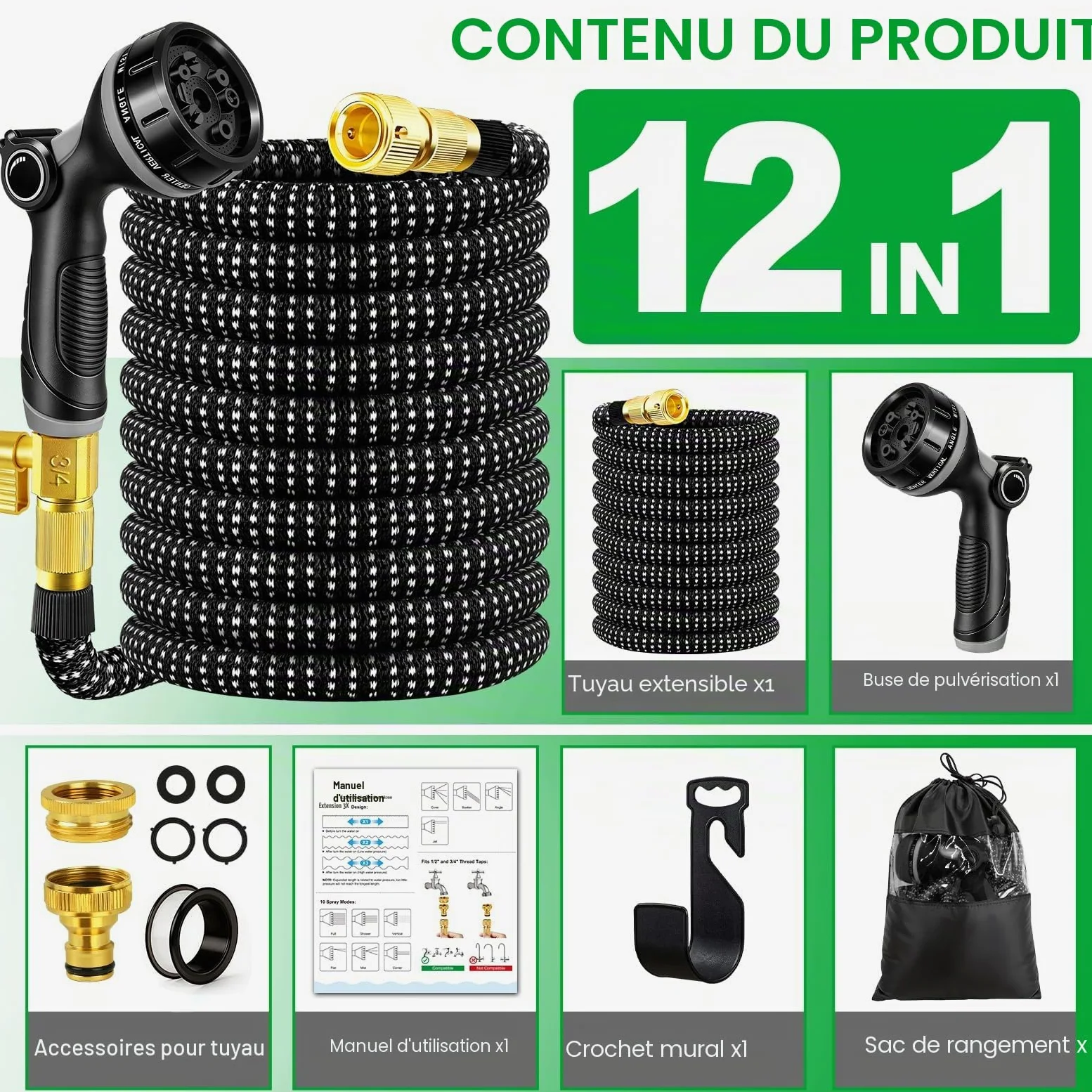 Tuyau Arrosage Extensible 45m, Tuyau d'arrosage Retractable avec 1/2" et 3/4" Adaptateur, Tuyaux d'arrosage avec 10 Modèles de Pulvérisation pour Jardin Irrigation Nettoyage Laver la Voiture