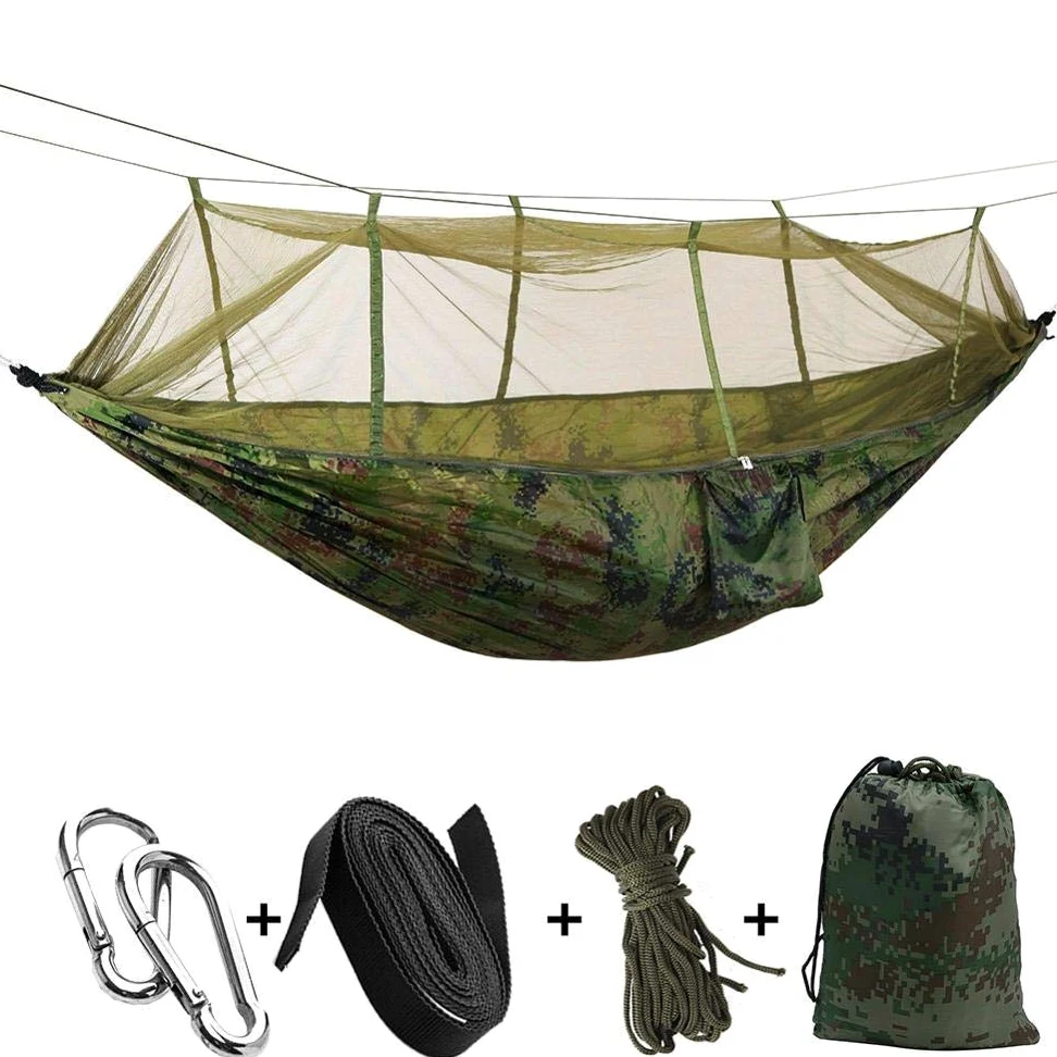 Hamac de camping, tente anti-moustiques, matériau en nylon 210T, hamac d'extérieur portable pour deux, grande taille, léger, installation facile pour la randonnée et les voyages