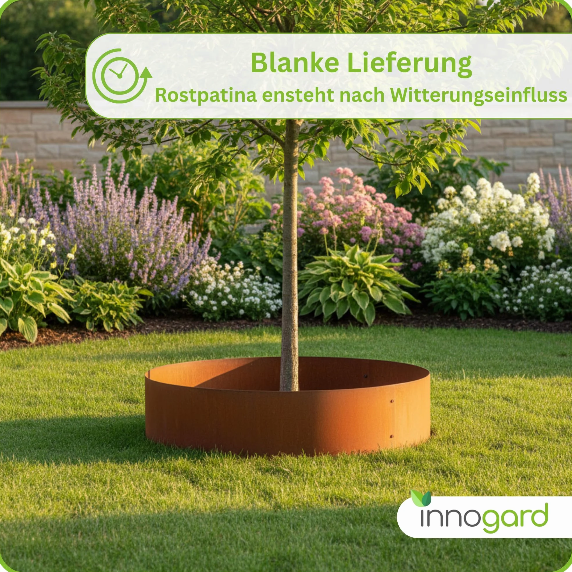 innogard Anneau d'arbre rond Ø 155 cm en acier Corten Hauteur 24 cm – Bordure d'arbre et bordure de pelouse en métal aspect rouille – Bordure de parterre ronde pour jardin – Anneau de plantation