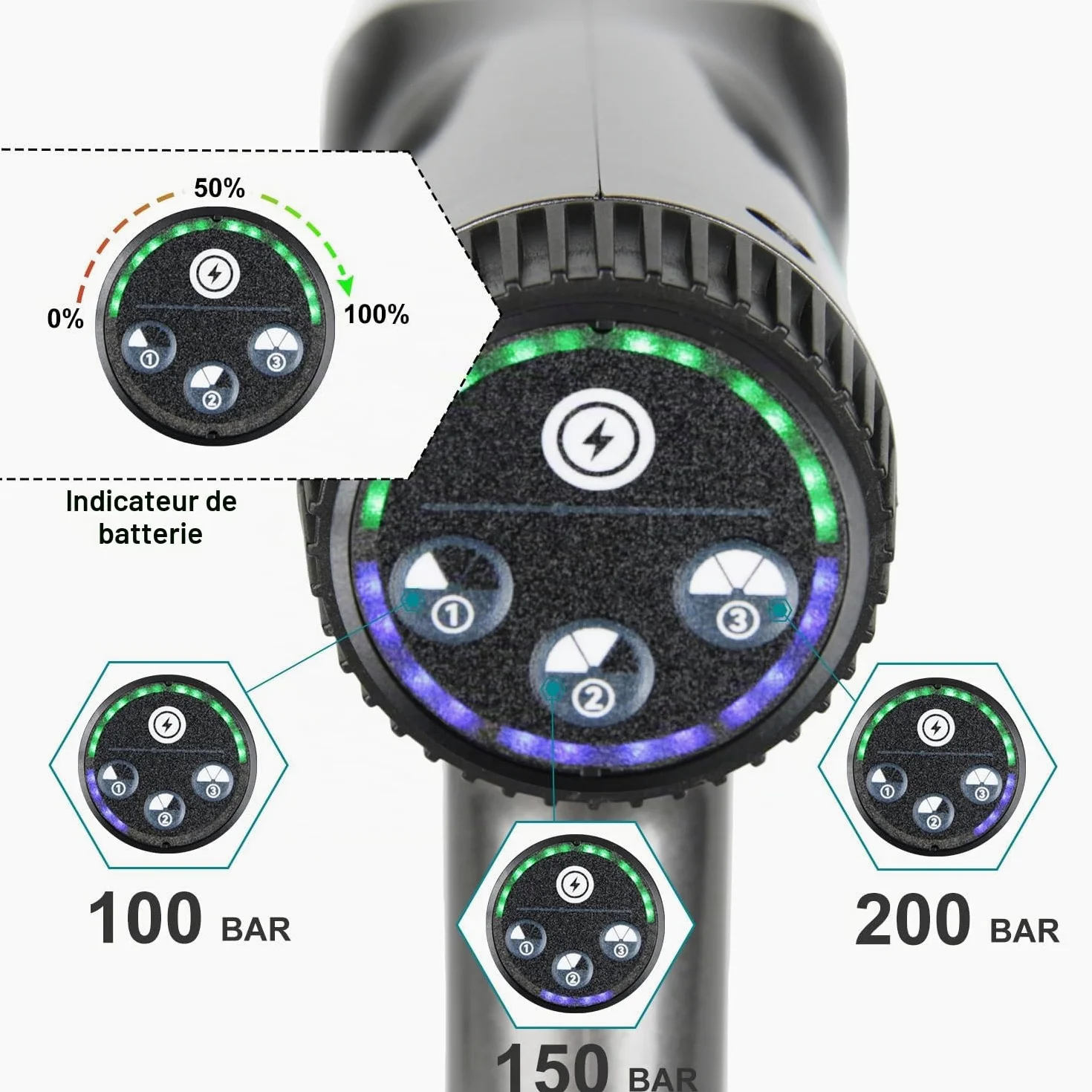 Nettoyeur Haute Pression sans Fil, 21V Max 200 Bar Nettoyeur Haute Pression sur Batterie 6,0Ah, Press & Clean Pistolet de Lavage avec écran LCD de Puissance et 3 Vitesses (Argent)