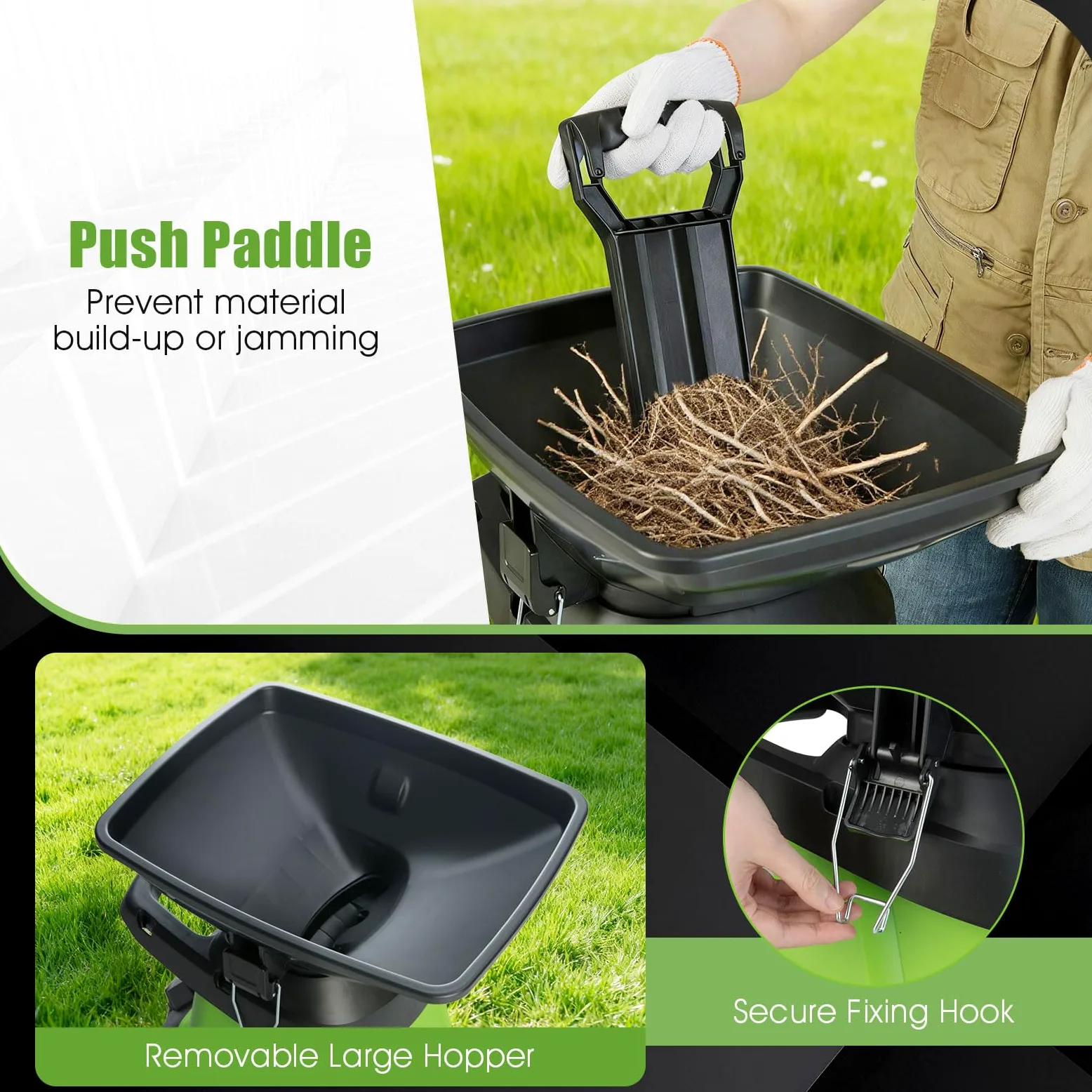FANTASK Broyeur de jardin électrique 3000 W - 55 x 44 x 106 cm - Broyeur de jardin avec roues - Bac de ramassage de 50 l - Épaisseur de coupe 45 mm - Avec fil - Broyeur à rouleaux électrique pour le
