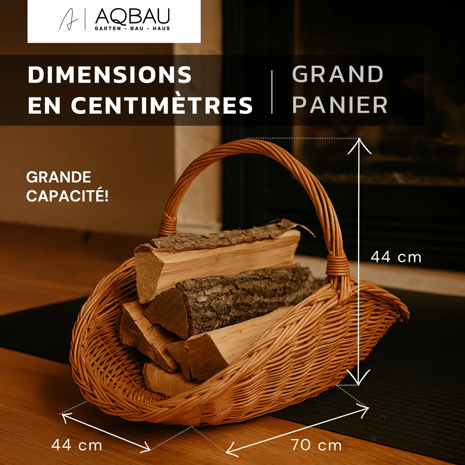 Panier à bois de cheminée en osier naturel fait main avec poignée – Lot de 2