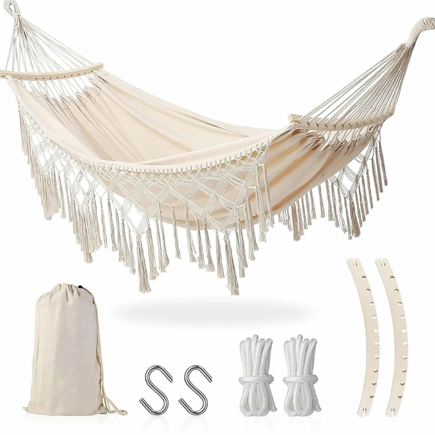 Fauteuil Suspendu Hamac Exterieur, Hamac Suspendu Chaise Hamac Bohème avec Sac de Rangement,Balançoire Suspendue Charge Max 440 lbs, Fauteuil Jardin Coton Toile Hamac Camping Patio (Beige)