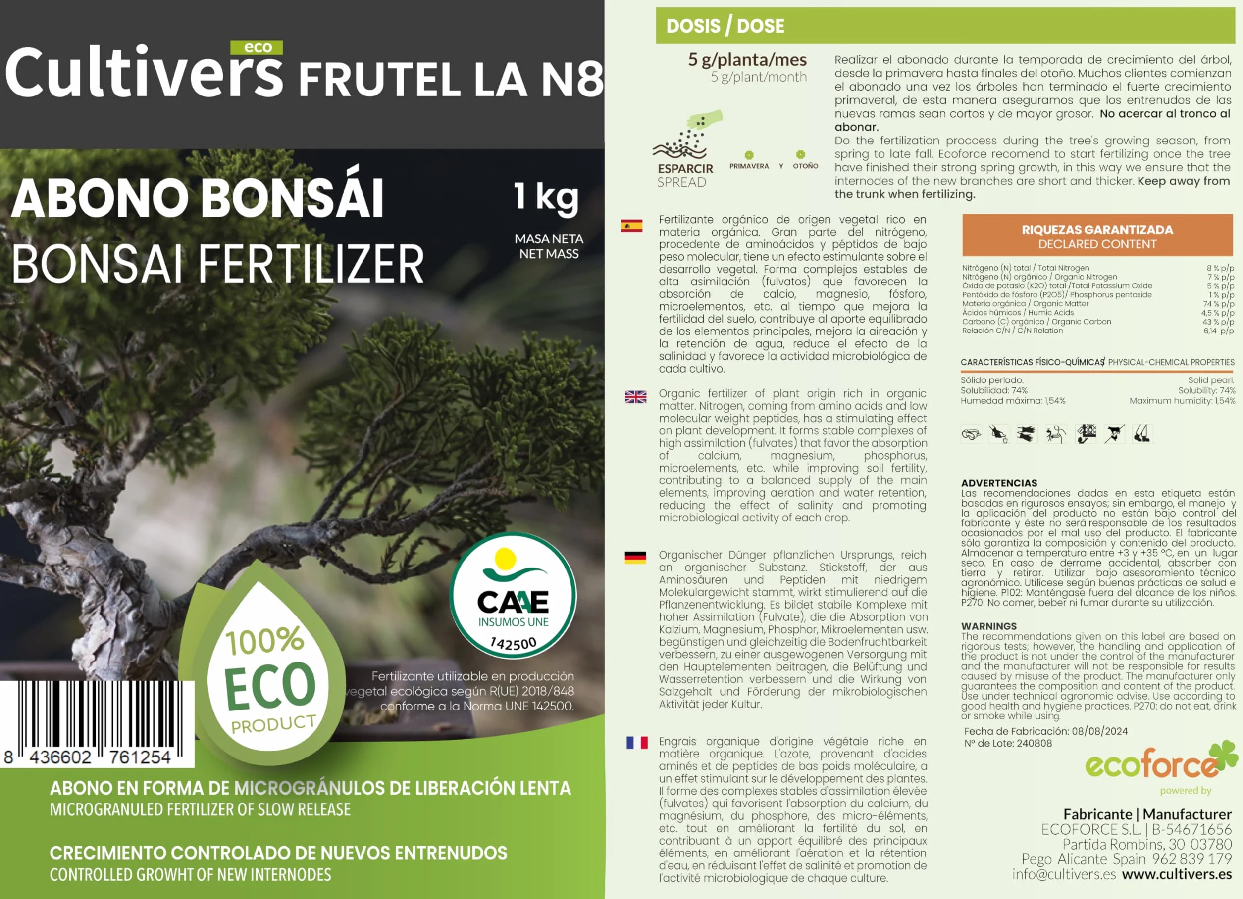 Engrais bonsaï écologique CULTIVERS 250 g fertilisant granulé NPK 8-1-5 74% matière organique