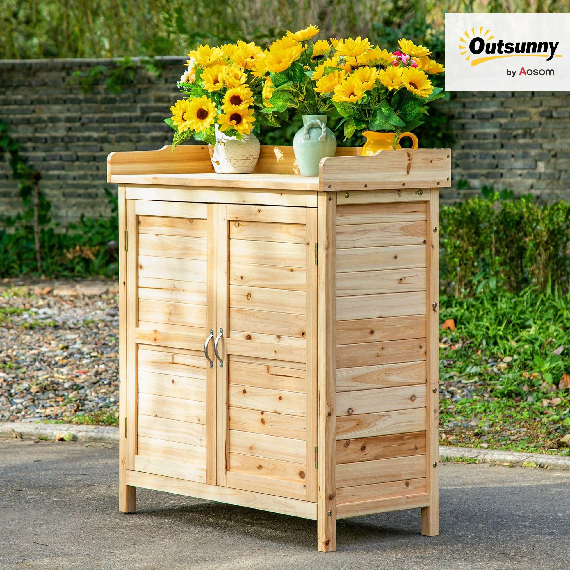 Outsunny Armoire de Jardin en Bois Massif Sapin 83x40x92 cm Double Porte
