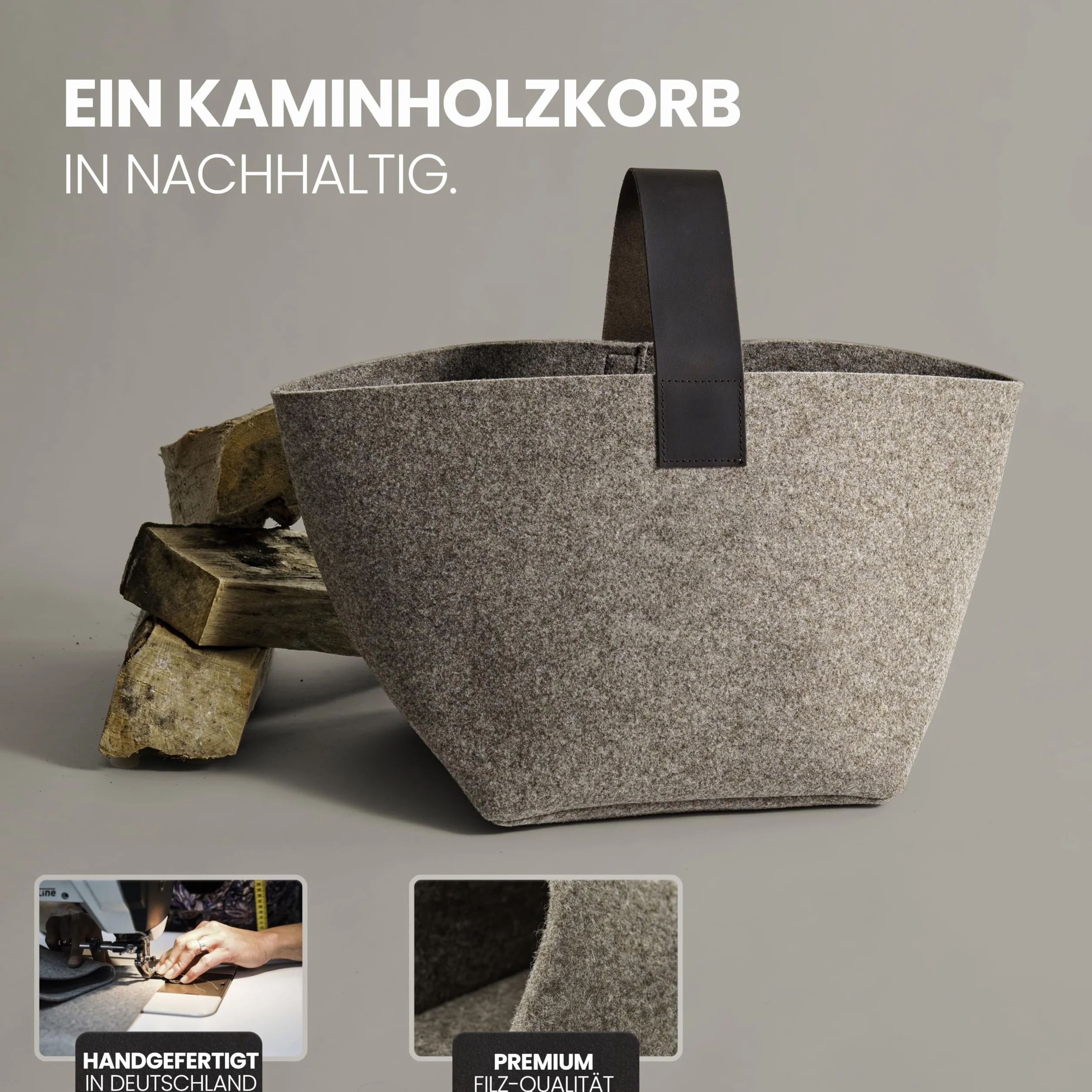 Panier à bois de cheminée en feutre Designer 40L Fabriqué en Allemagne Beige