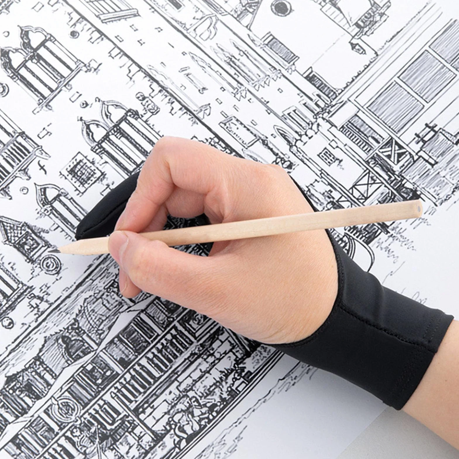 Gant d'artiste pour Tablette à Dessin, Gant de Dessin Numérique Respirant 3 Couches 2 Doigts Main Gauche Droite (M)