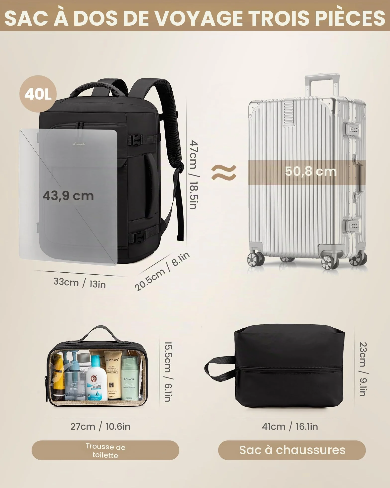 LOVEVOOK Sac À Dos Voyage Cabine Avion 40L Antivol Imperméable Ordinateur