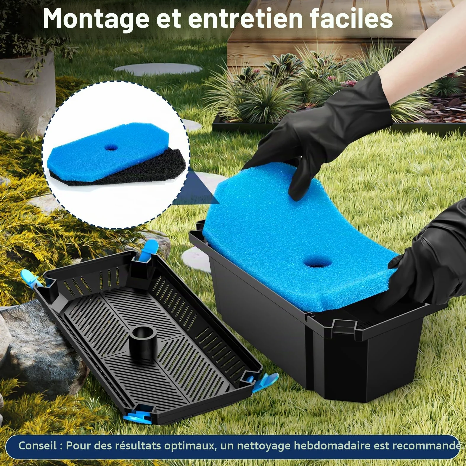 POPOSOAP Kit de filtre d'étang pour extérieur - Ensemble de protection de pompe et de traitement de l'eau pour étangs de 350-2000 L, avec 2 tapis filtrants et 20 boules bio (Pas de pompe)