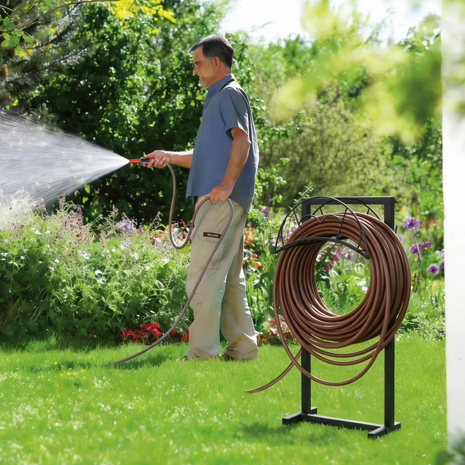 EFUTURETIME Support Tuyau Arrosage en Métal 105cm avec 5 Piquets, Noir | Autonome, Amovible, Robuste et Durable, Contient 50m, pour Cour, Pelouse, Extérieur