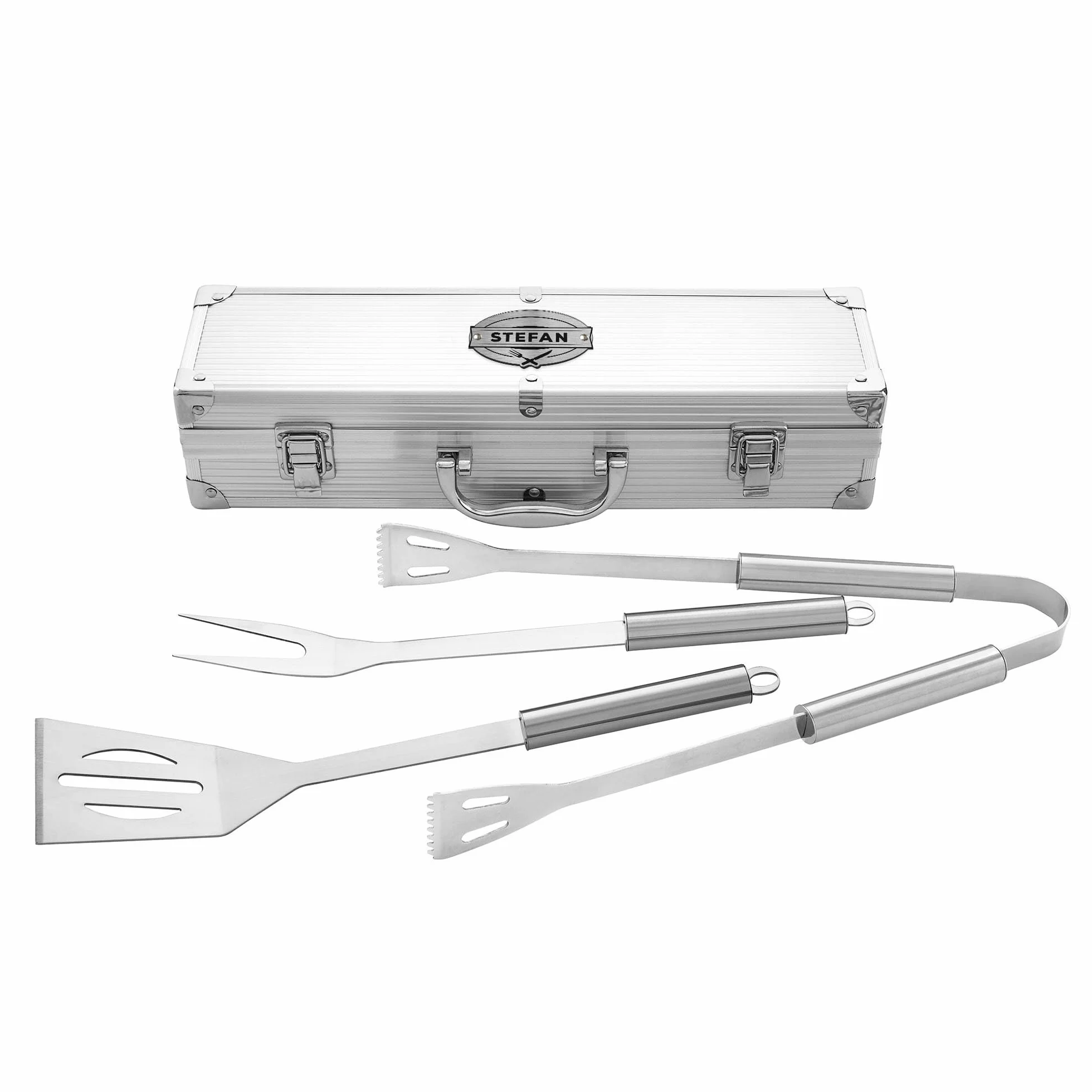 Casa Vivente Coffret d'Ustensiles pour Grillades, Fourchette, Pince, Spatule, Gravure Personnalisée, 37x10x8,5 cm