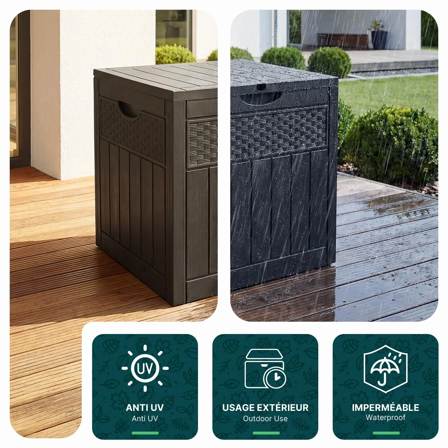 Vounot Coffre de Rangement Extérieur 126L Boîte de Jardin Étanche Anti UV 56x43x53 cm Noir