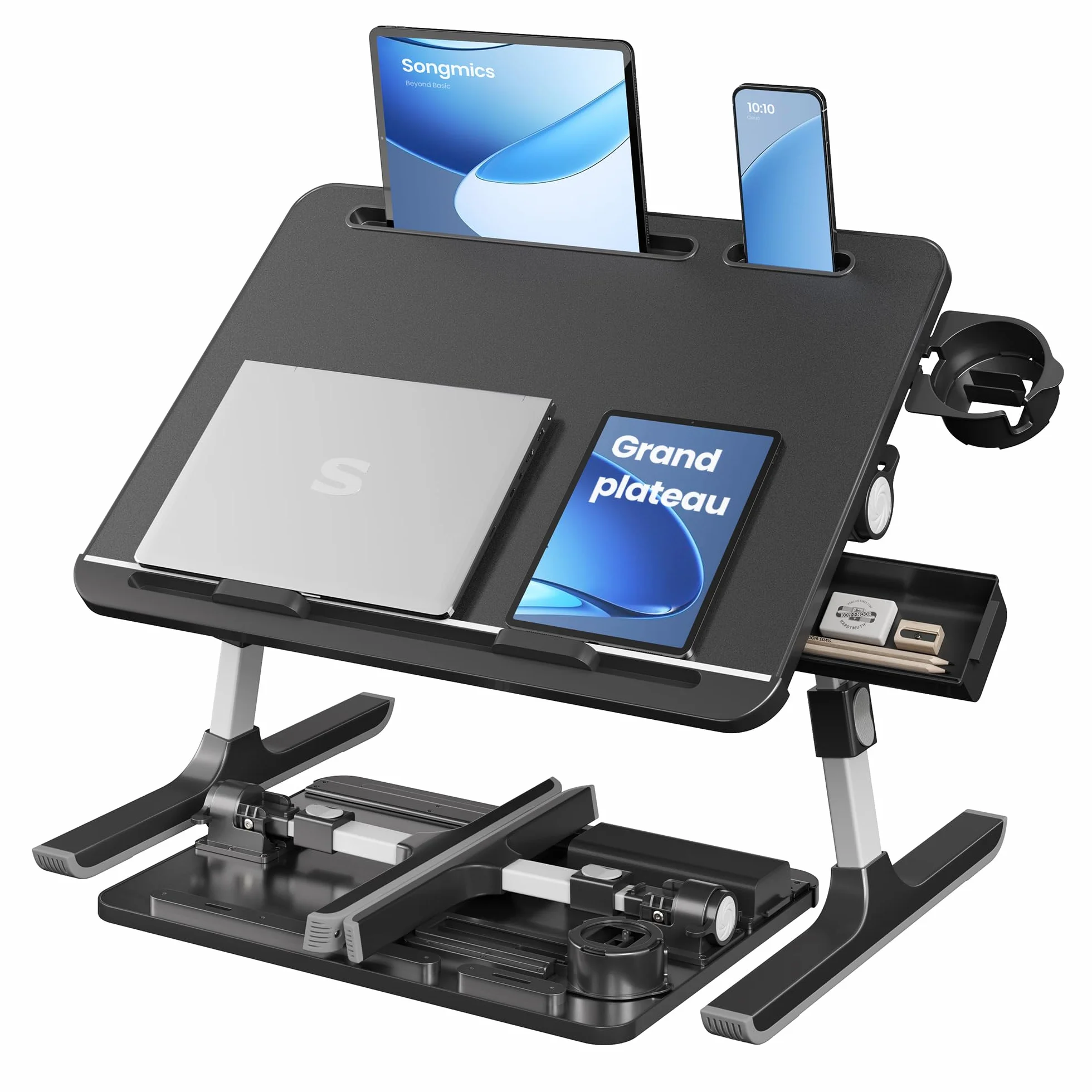 SONGMICS Table de Lit Pliable Plateau 56 x 40 cm Hauteur Réglable Inclinaison 120° Noir d’Encre