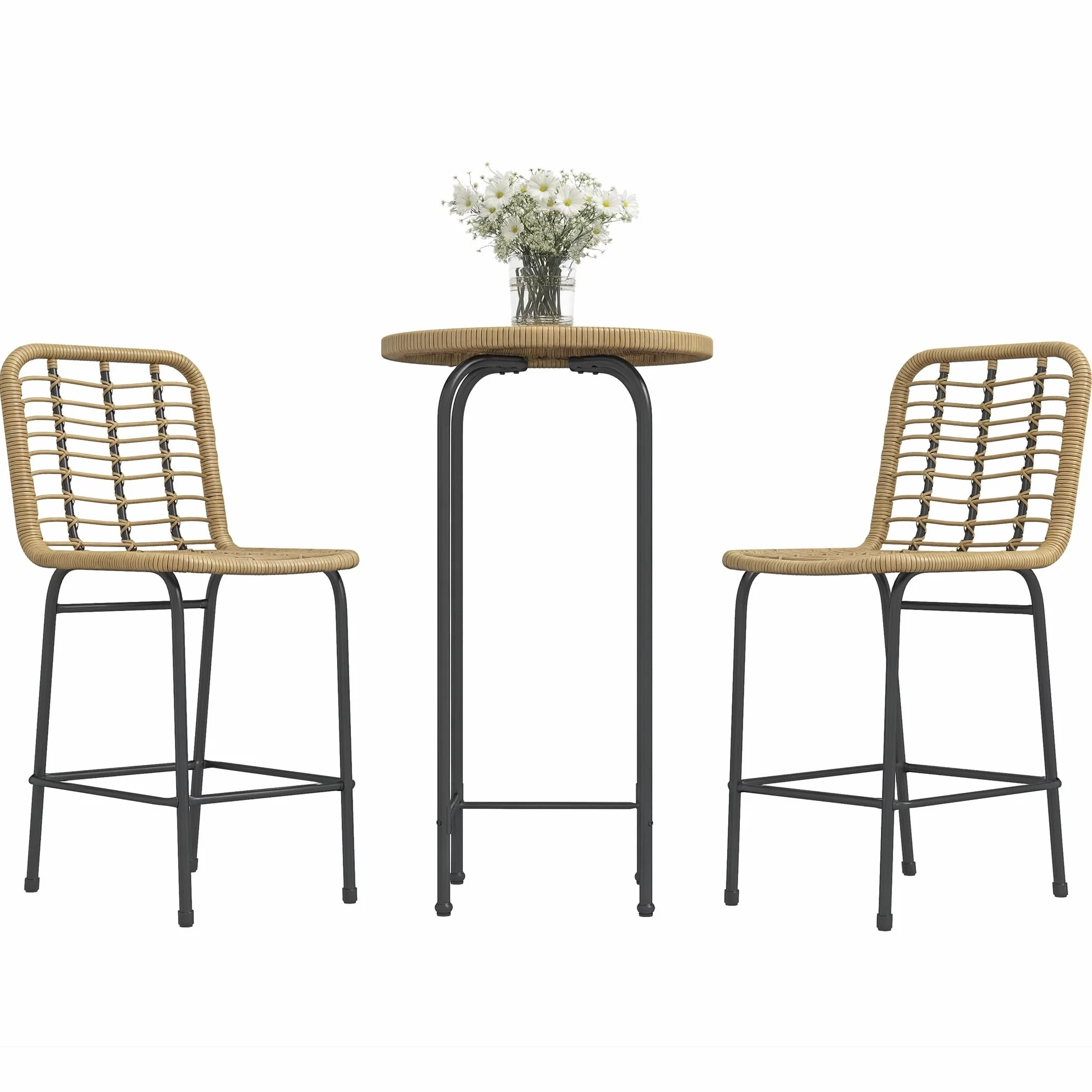 Outsunny Ensemble de Bar de Jardin 3 pièces Table Haute Ronde Design bohème + 2 tabourets Ronds Repose-Pied métal Naturel Noir