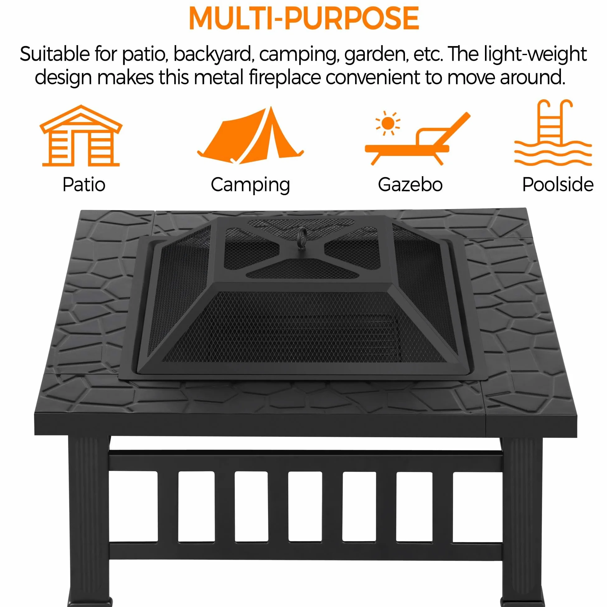 Yaheetech Brasero Extérieur 3 en 1 Carrée Multifonctionnelle 81x81x50cm pour Terrasse Balcon Poêles à Bois avec Couverture en Maille Poker Noir