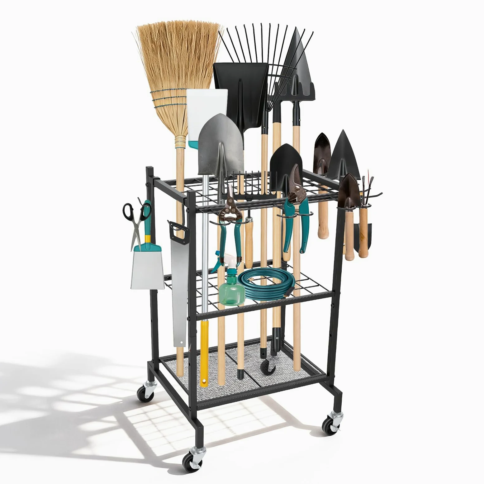 Étagère de rangement pour outils de jardin - 4 crochets et 35 fentes - En acier au carbone - Multifonction - Avec roulettes - Pour abri de jardin, balais, serpillère, râteau, pelle, tuyau d'arrosage