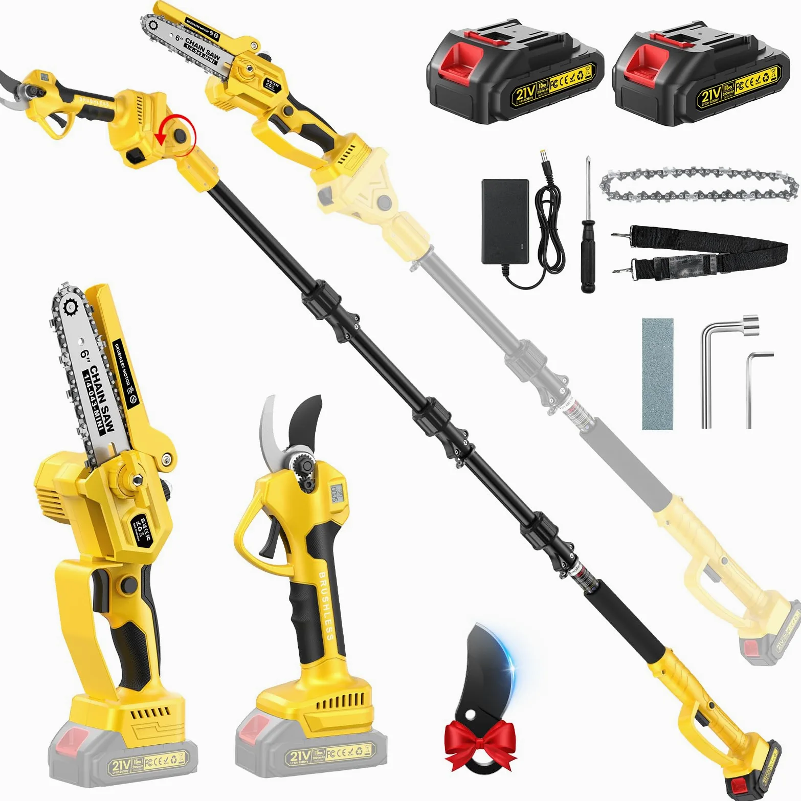 4 en 1 Tronconneuse à Batterie&Secateur Electrique avec Perche Télescopique | Portée Max Jusqu'à 4,2m, 1000 W Moteur & 2 Batterie, Mini Tronconneuse 6 Pouces avec Perche pour Arbres et Élagage en Hauteur