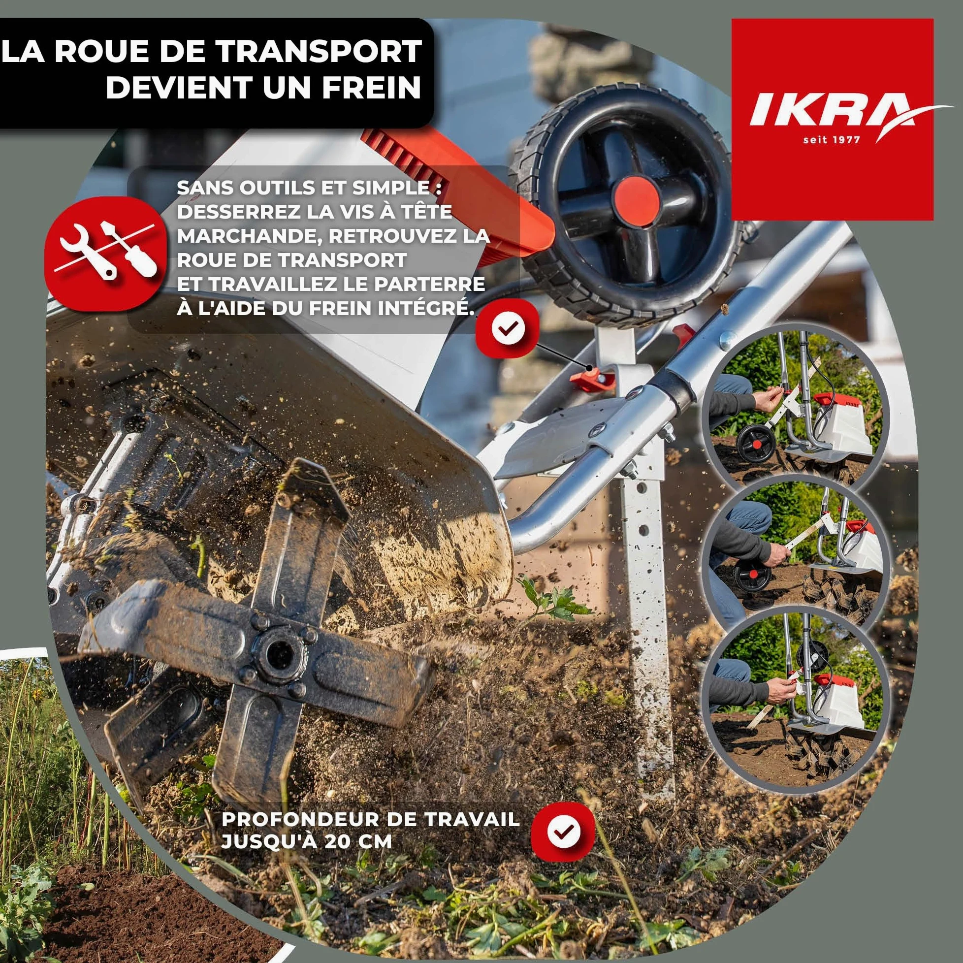 IKRA motoculteur électrique IEM 1500, Largeur réglable 32 et 45 cm | 1500 W, profondeur de travail 20 cm, talon de frein, roue de transport, pliable, protection contre les surcharges