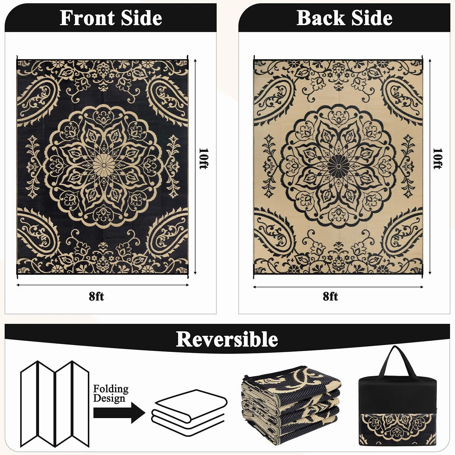 Pauwer Tapis d'extérieur imperméable 2,4 x 3 m – Tapis réversible en paille en plastique pour extérieur, camping, camping-car, pique-nique, jardin, terrasse, balcon, porche