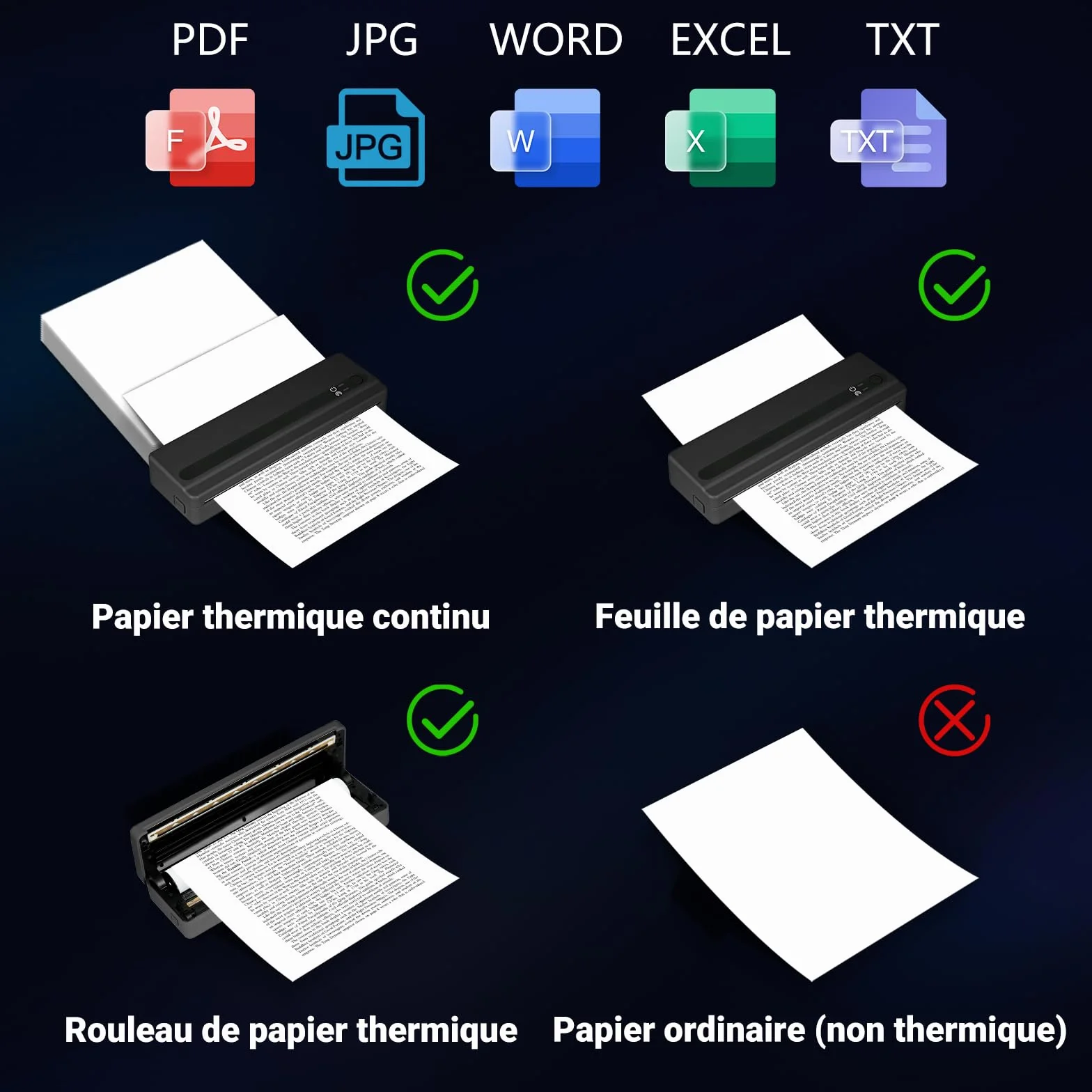 Imprimante Thermique A4 sans Fil Bluetooth Portable pour Voyage Compatible iOS Android Noir
