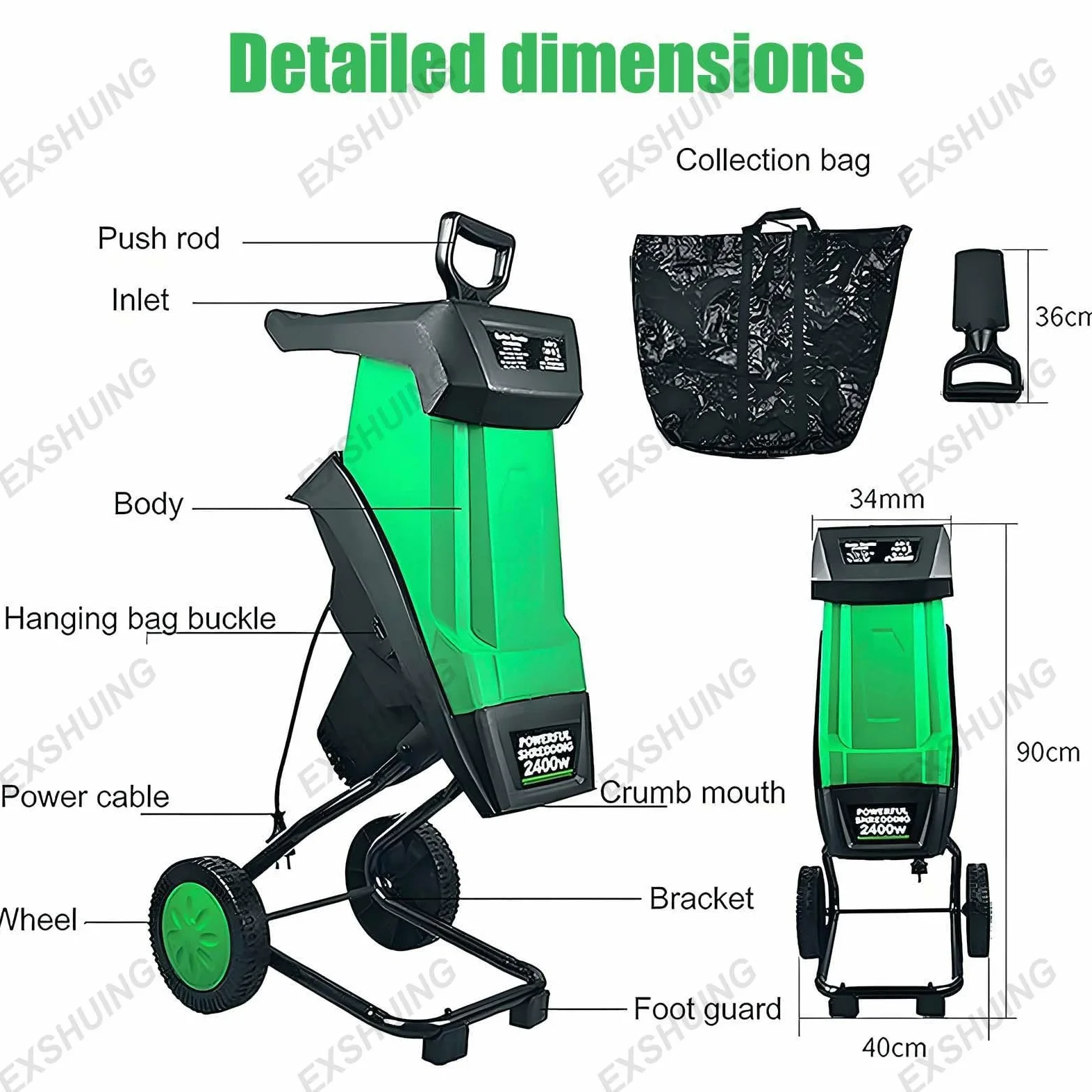 Déchiqueteuse De Jardin 2400W Avec Sac 50L, Broyeur Silencieux Pour Branches 40mm Et Feuilles, Broyeur Avec Roues Pour Déchets Verts, Idéal Pour Nettoyage, Compost Et Entretien