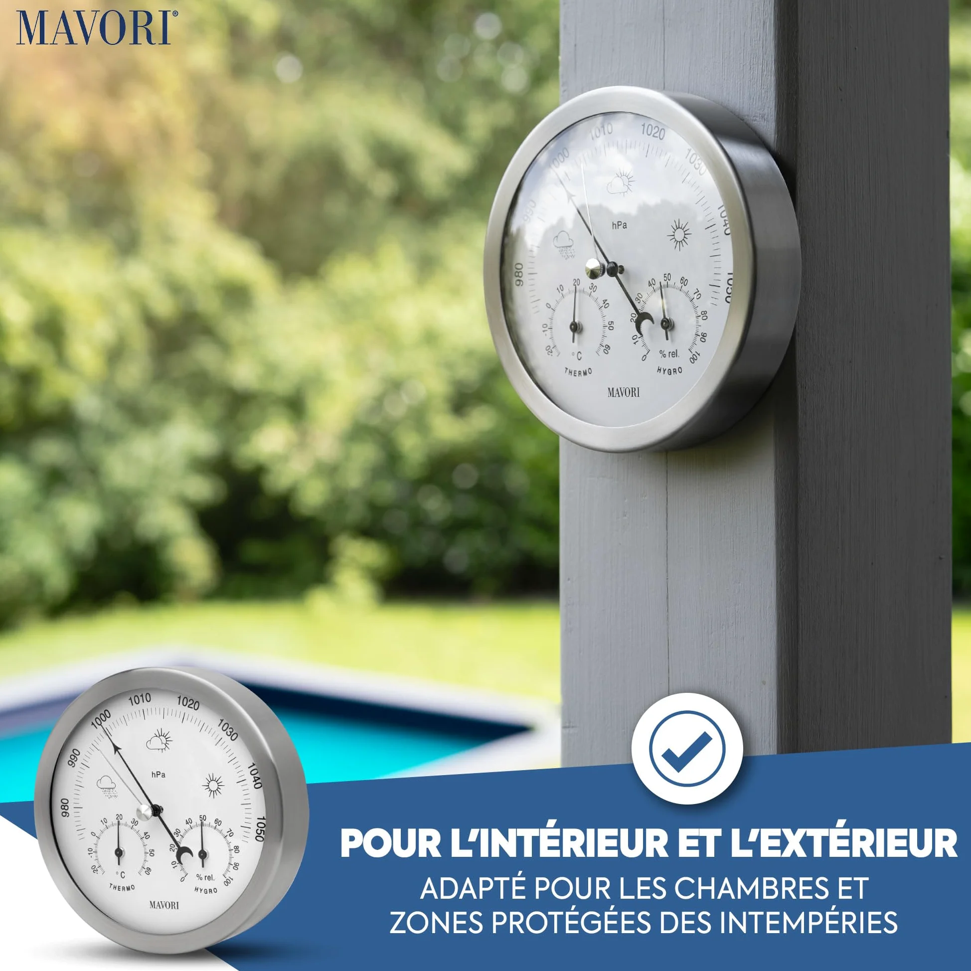Station météo analogique - 3en1 baromètre, thermomètre & hygromètre pour intérieur et extérieur - Ø 13,5cm cadre en acier inoxydable avec verre acrylique au design moderne