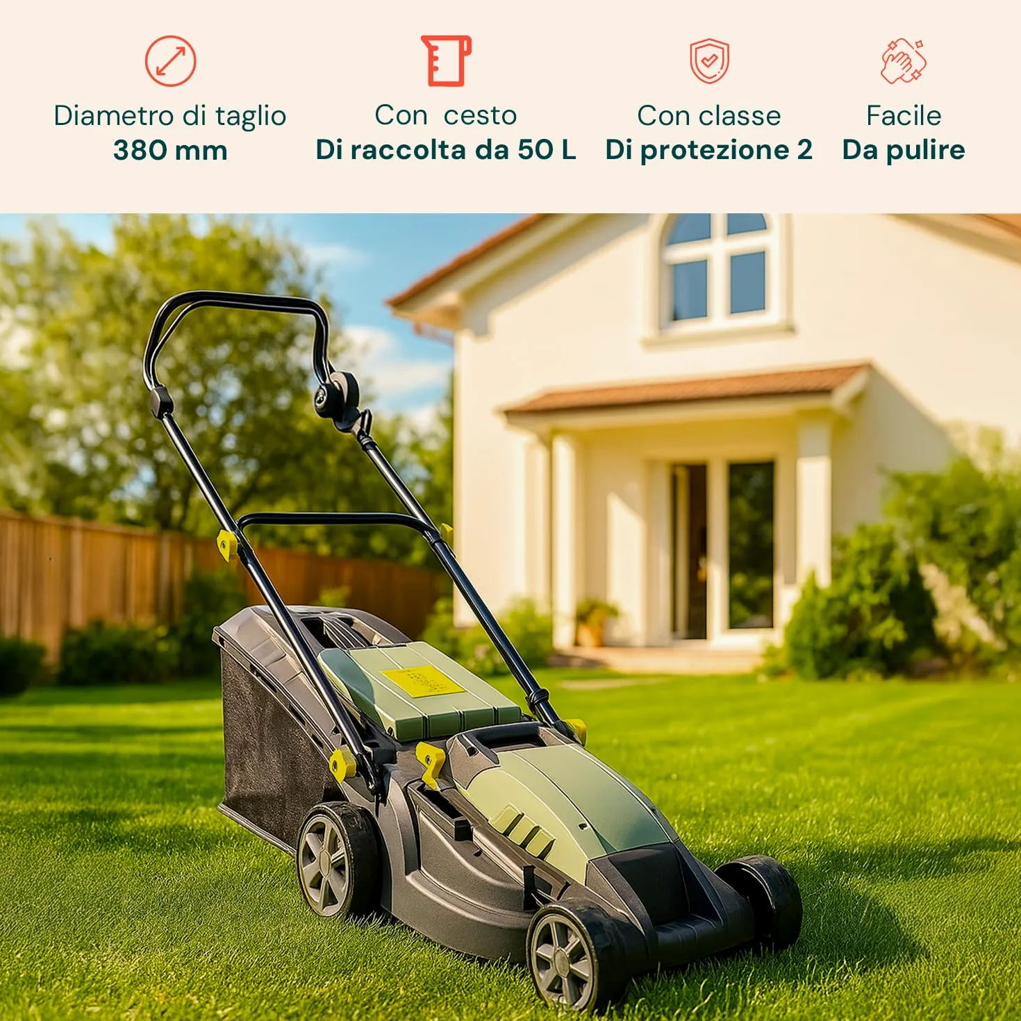 Avilia Tondeuse à Gazon électrique à Induction – Tondeuse à Gazon réglable 5 hauteurs de Coupe, diamètre de Coupe 380 mm, Vitesse 3000 TR/Min, 1600 W, 230 V, avec Panier de Collecte 50 L, 143 x 105 x