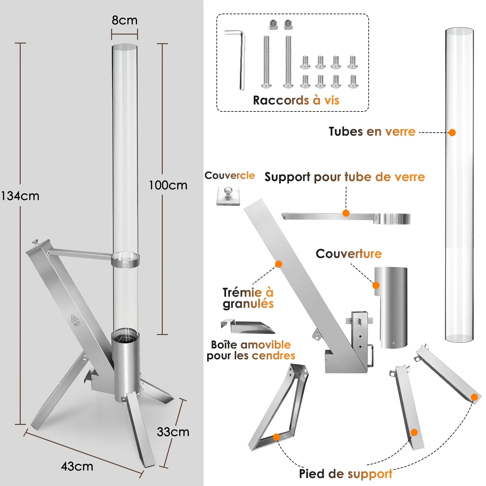 CTSC Kit Pellet Torch avec Tube en Verrea, Cheminée de Jardin, Fonctionne aux granulés, Flamme jusqu'à 1m, ajoute de la lumière et de l'ambiance pour Porche, terrasse, Jardin et arrière-Cour