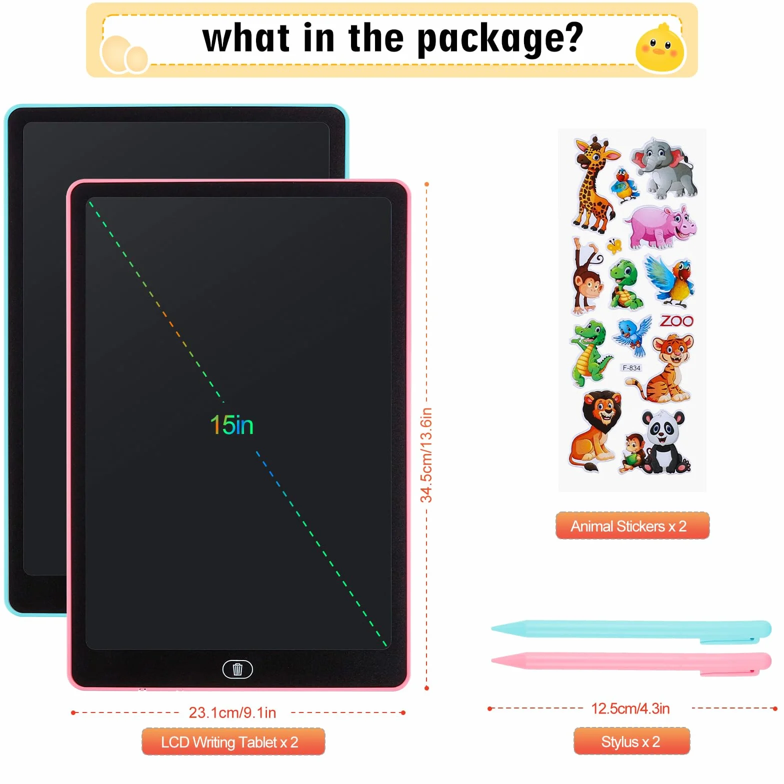 Tablette D'écriture LCD 16 Pouces Dessin Ecran Coloré Effaçable Autocollants Animaux Garçons Filles 3-6 Ans Bleu Rose