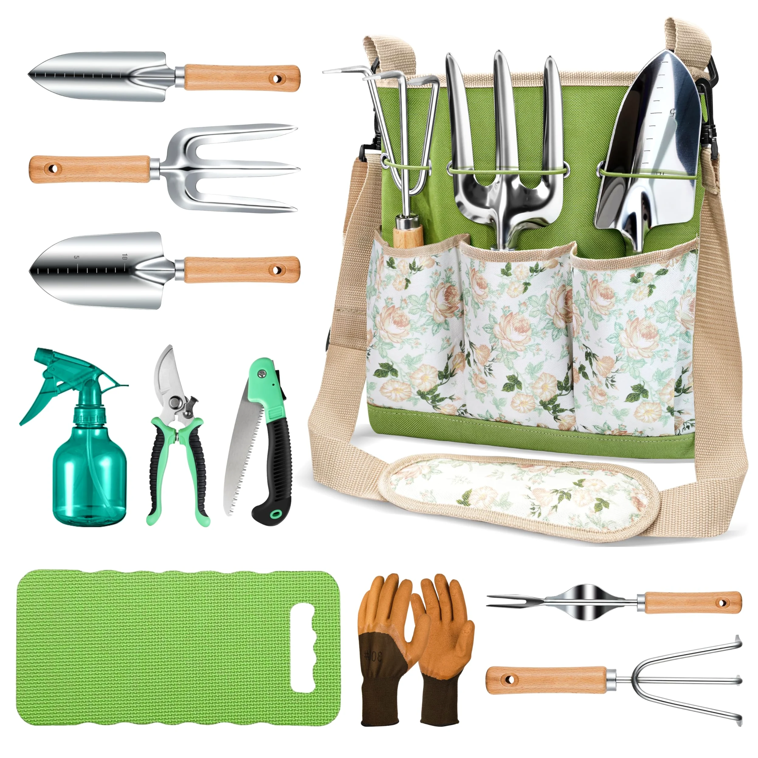 Grenebo Ensemble d'outils de jardin tout-en-un, 11 pièces d'outils de jardinage robustes avec sac à bandoulière ergonomique en toile, kit d'outils de jardin de qualité supérieure, cadeau de jardinage