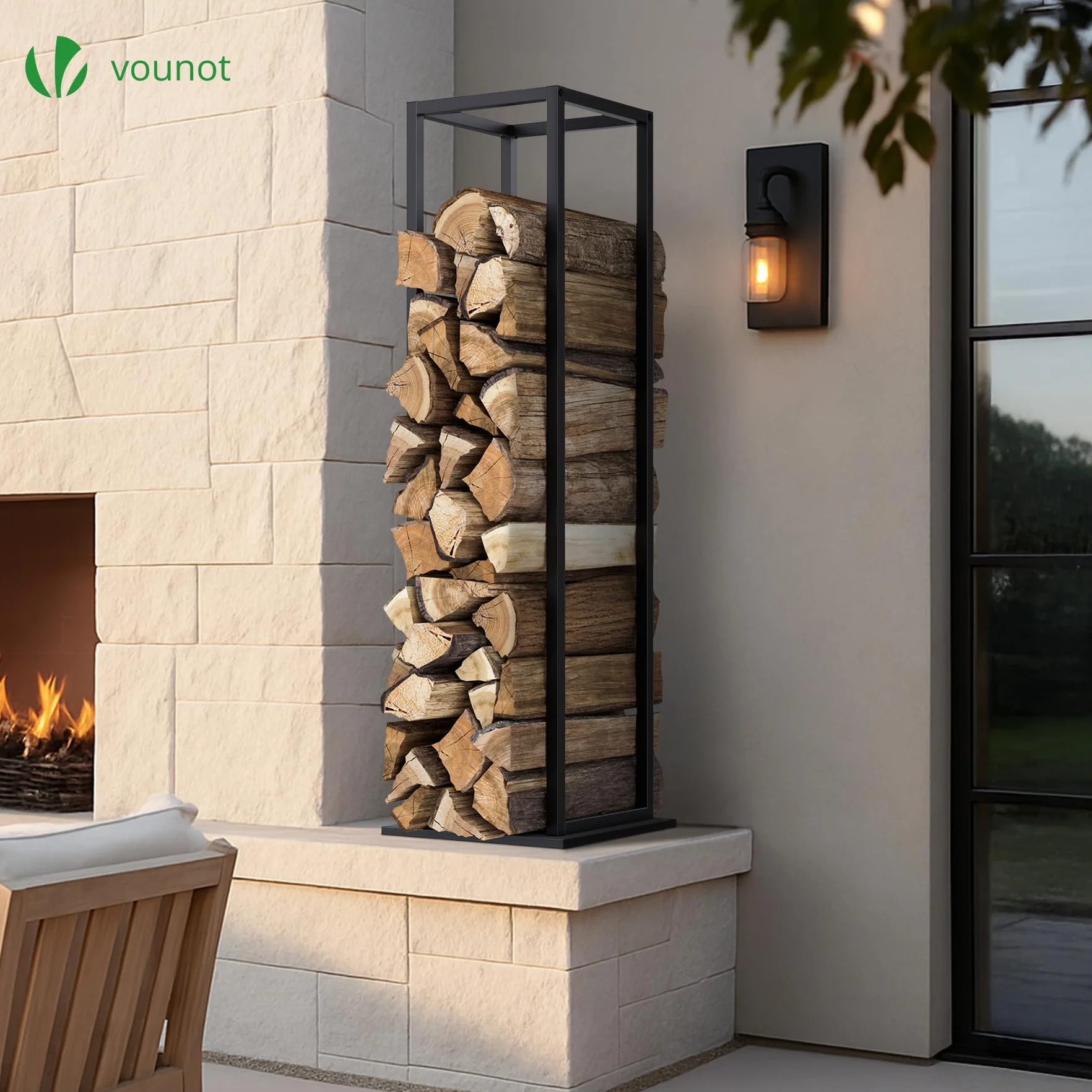 Vounot Range Bûches Vertical 33x33x112cm Métal Porte Bûches Cheminée Noir