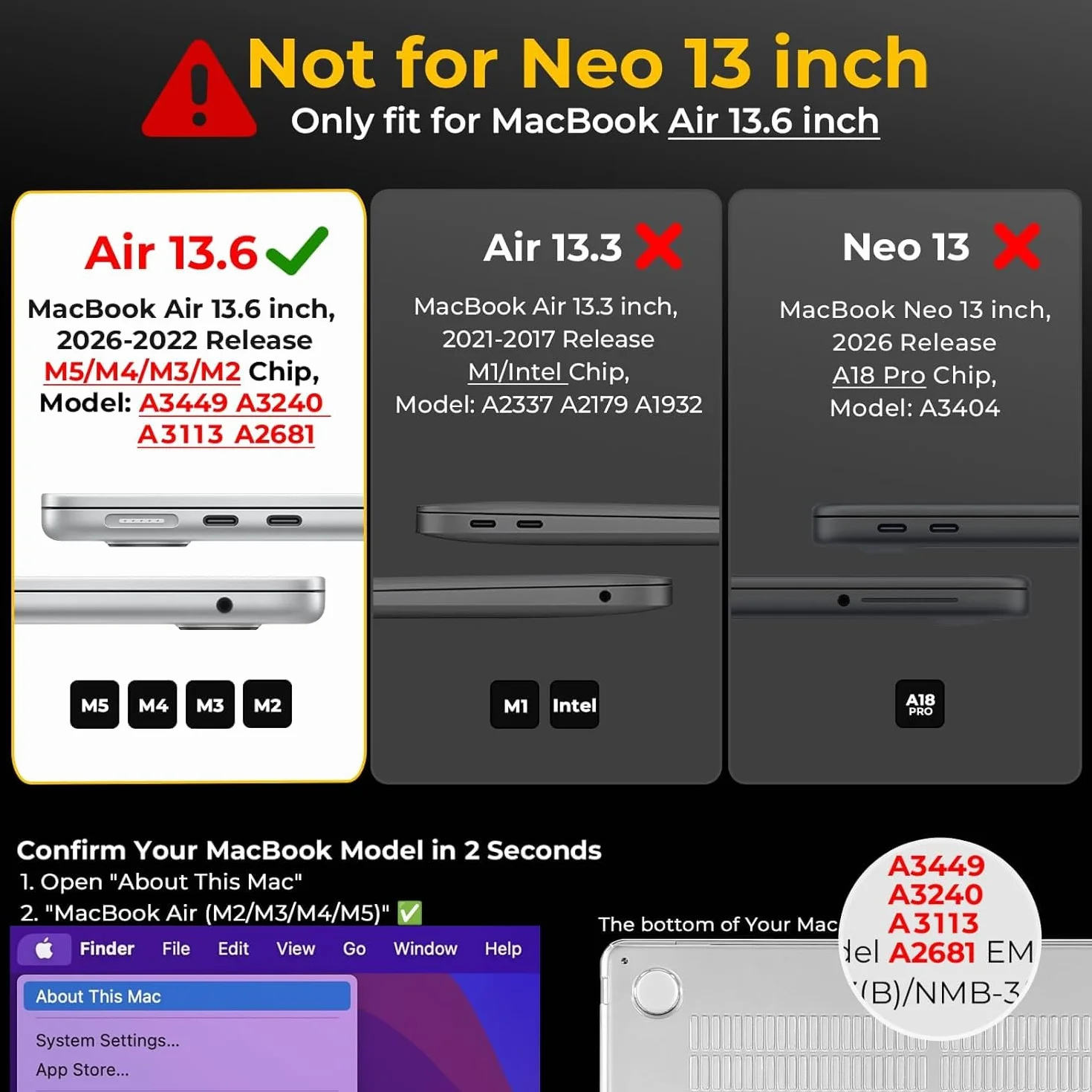 EooCoo Coque Macbook Air 13 Pouces M5 M4 M3 M2 2026 2025 2024 2022 Étui Rigide Clair Bords Anti-Fissures
