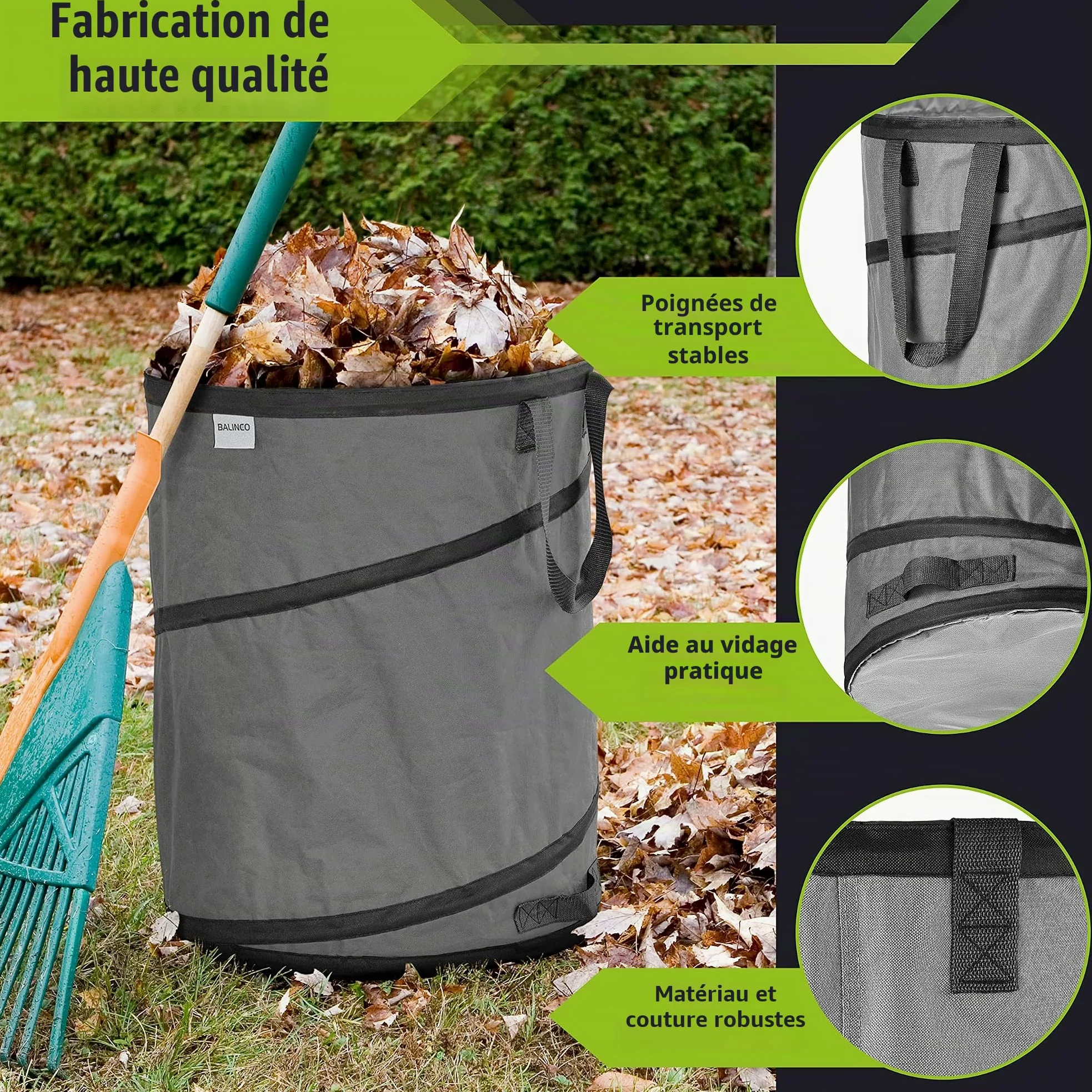 3x Sacs de jardin gris autoportant & stable 170 litres - Sac à déchets & feuilles - polyester résistant 22