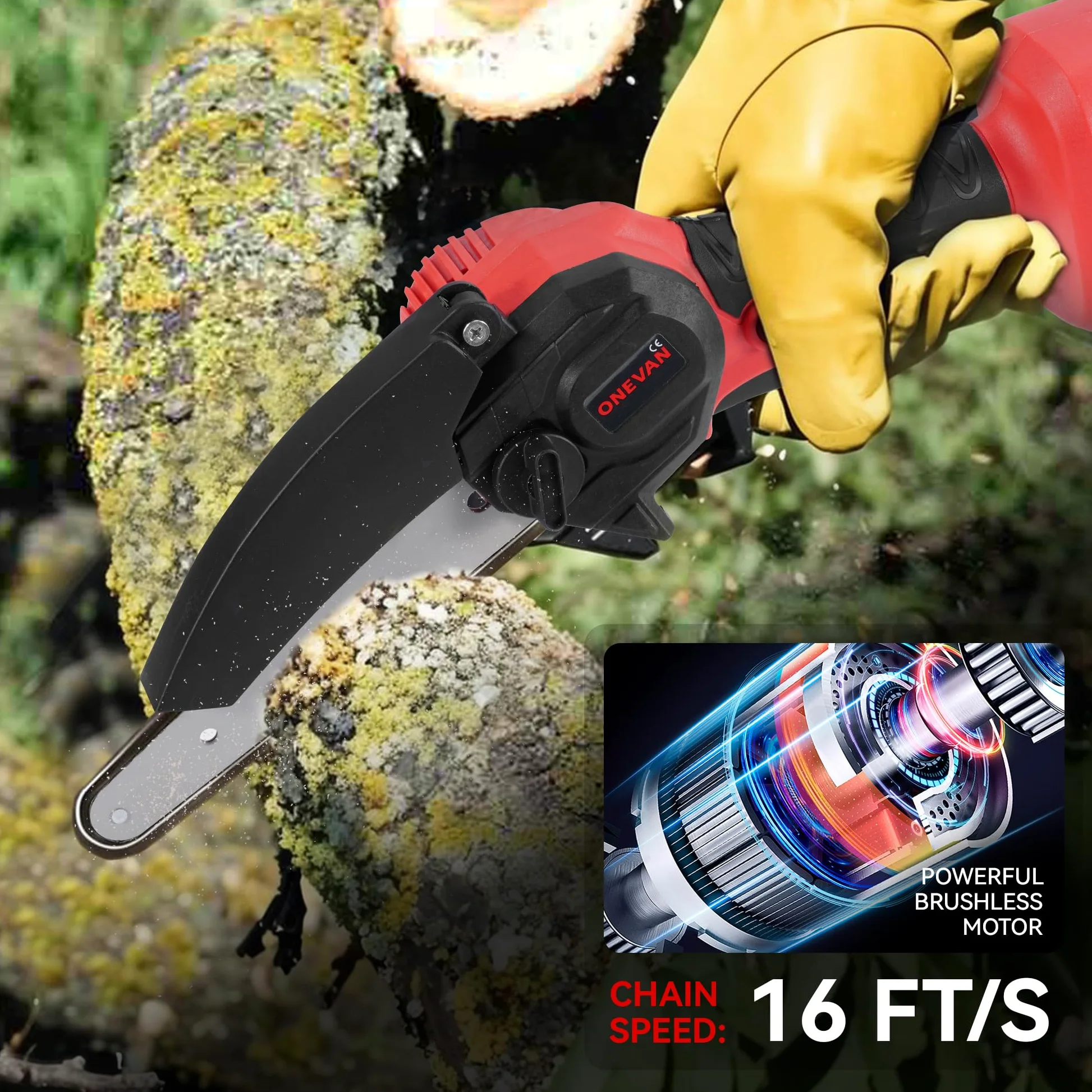 ONEVAN Elagueuse sur perche, 4 en 1 coupe branche 2 batteries 4Ah | Autonomie 50min, Ouverture 3cm, 15cm Tronçonneuse, Perche télescopique 2m, Angle réglable 180°, Pour l’élagage des arbres
