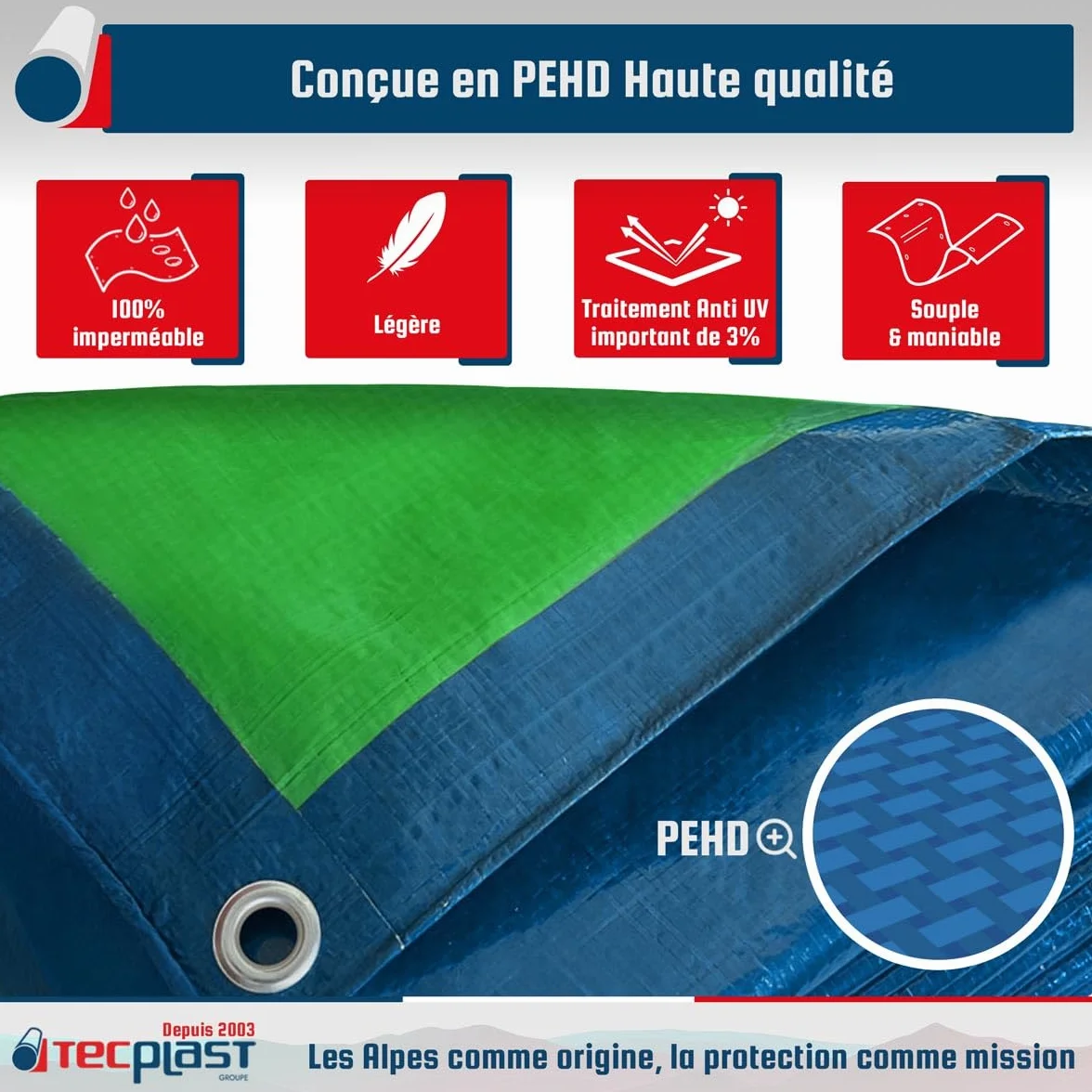 TECPLAST Bâche Bois 8x12 m SR150BO Bleue et Verte - Haute Qualité - Bâche de Protection imperméable pour Bois de Chauffage