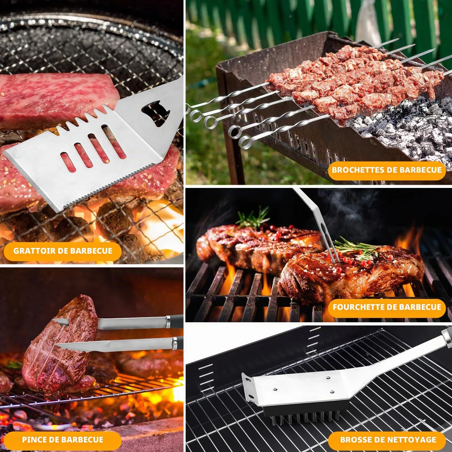 Set d'Accessoires Barbecue 10 Pièces Inoxydable - Ustensiles de Cuisson Extérieur avec Pince, Spatule, Fourchette & Brosse