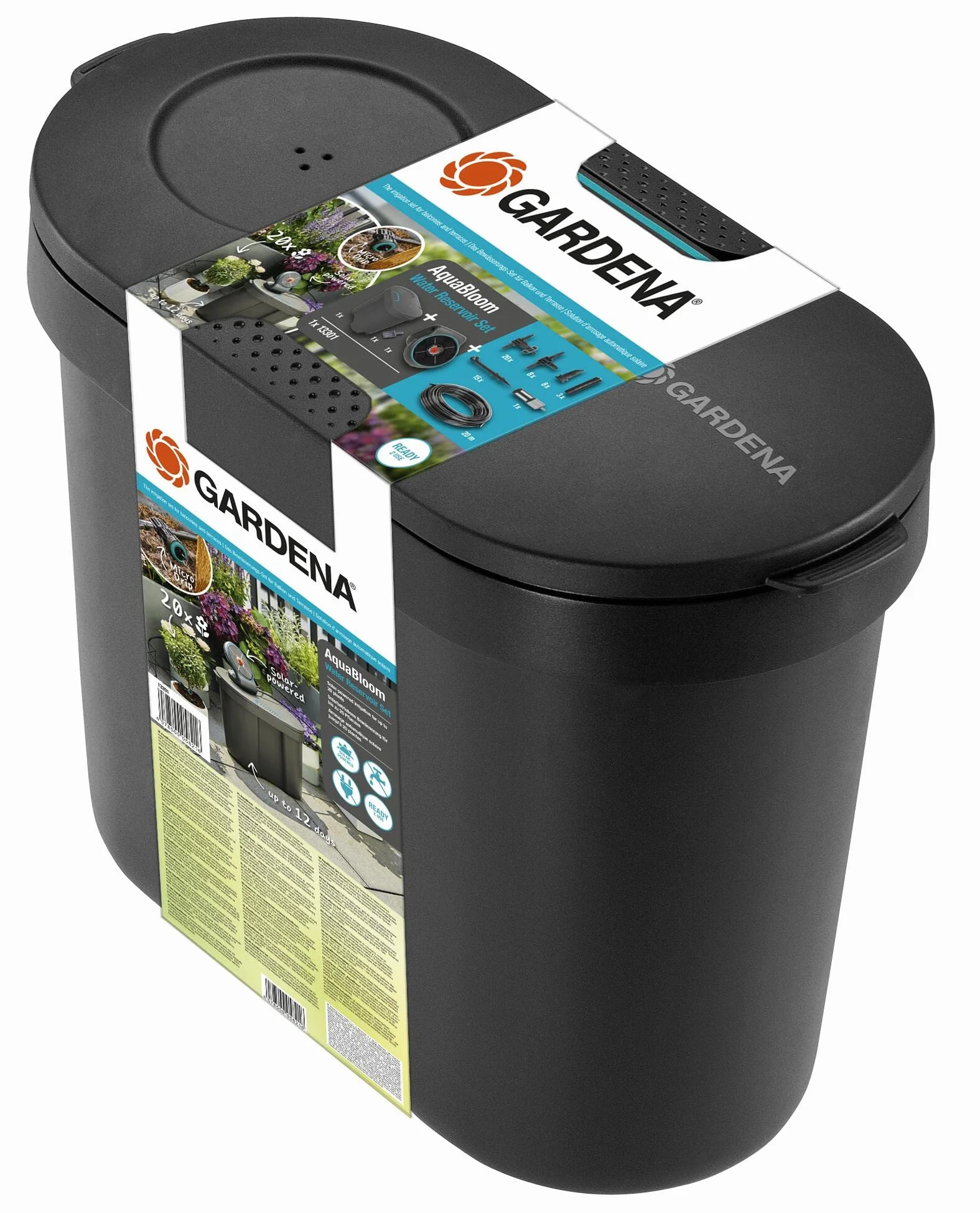 Gardena Aquabloom Solution d'arrosage Automatique Solaire avec réserve d'eau 20 Plantes Goutte à Goutte 14 programmes 13301-20