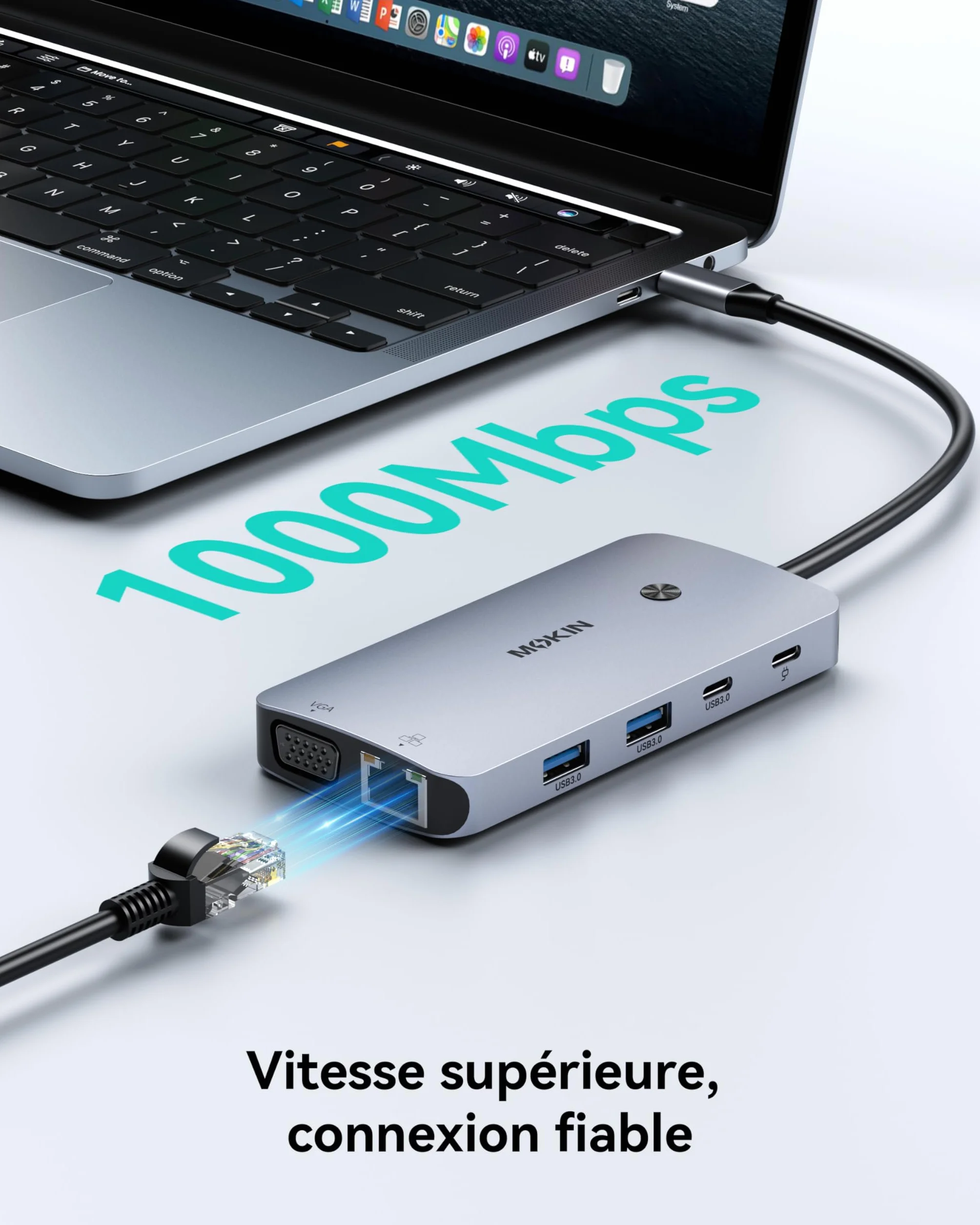 MOKiN Station d'accueil USB C Triple Écran 9 en 1 Dock USB C Double HDMI 4K DisplayPort VGA PD 100W Ethernet Gigabit USB A/C 3.0