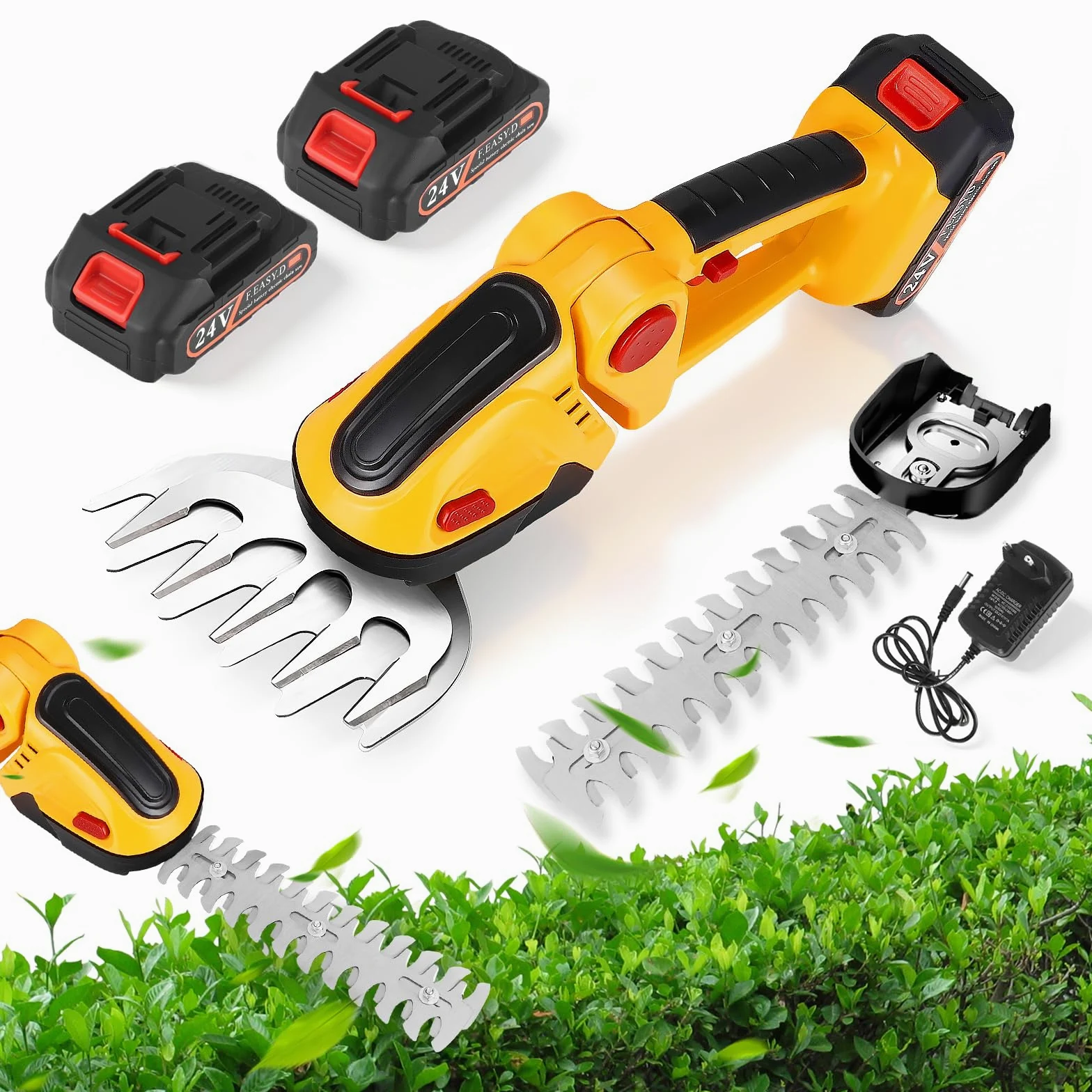 Taille Haie Electrique, 2 en 1 Taille-Herbes sans Fil,1500 TR/Min, Coupe Bordure sans Fil avec 2 Batterie 1500 Mah & 2 Lames, Outils de Jardin Motorisés pour Coupe, Elagage