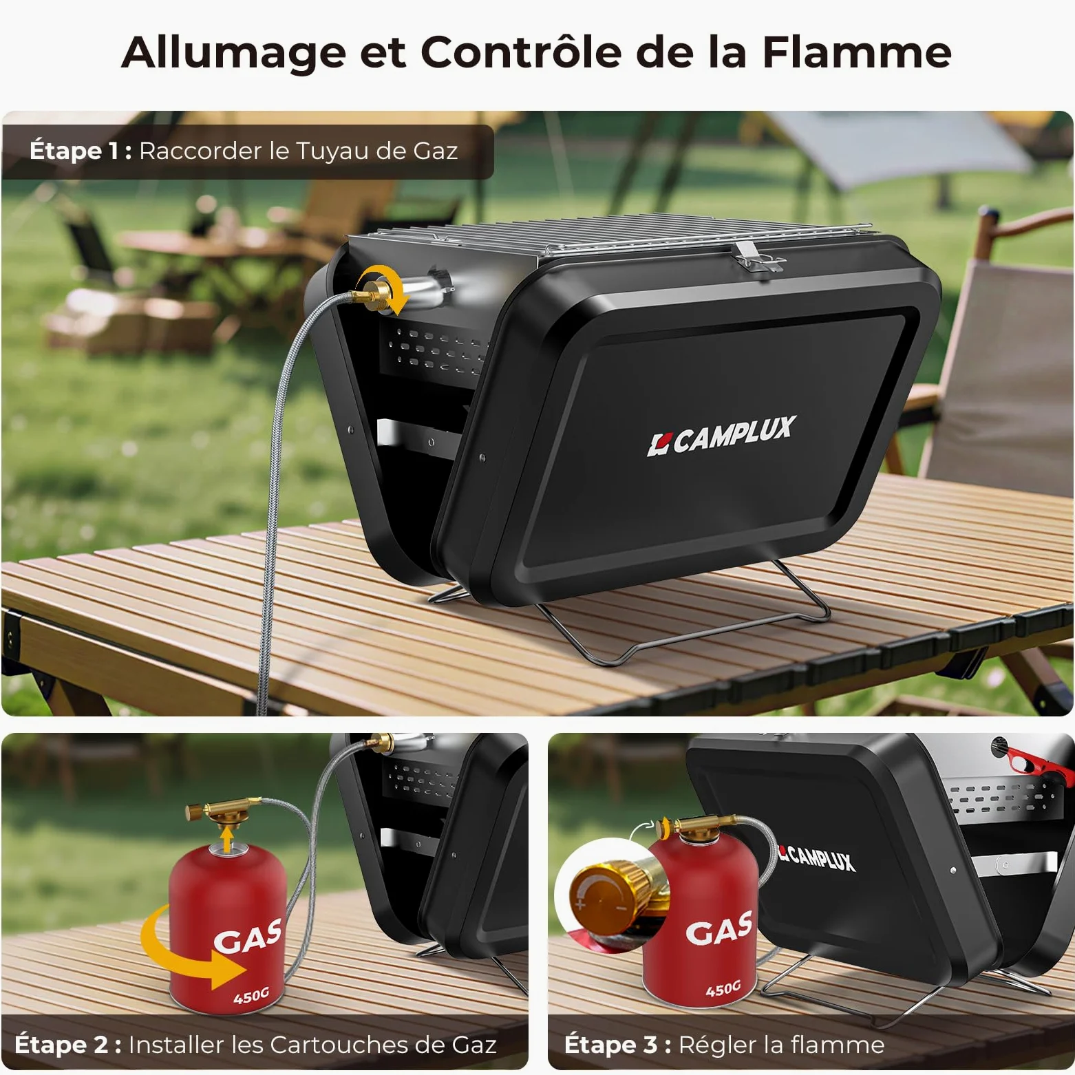 CAMPLUX FoldGo Barbecue Portable 2-en-1 Gaz Charbon Camping, FG16GB | Grille 32x23,5 cm, 2 kW, Design Pliable Compact, Parfait pour Camping, Randonnée et Voyages