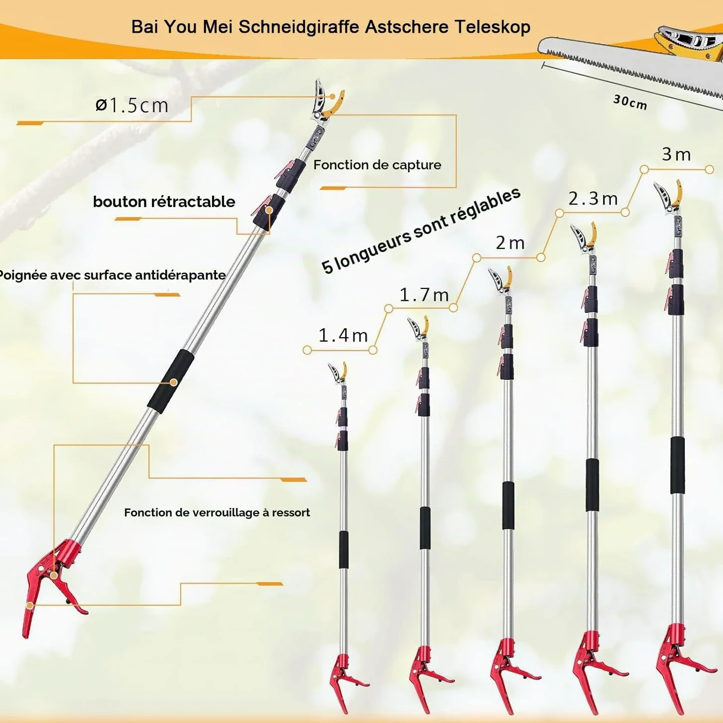 Sécateur Télescopique 3 m, Secateur avec Long Manche Telescopique sur Tringle Fruits étang Perche Échenilloir Girafe d'arbre en Alliage d'aluminium Léger et Solide Coupe-Branches 15 mm